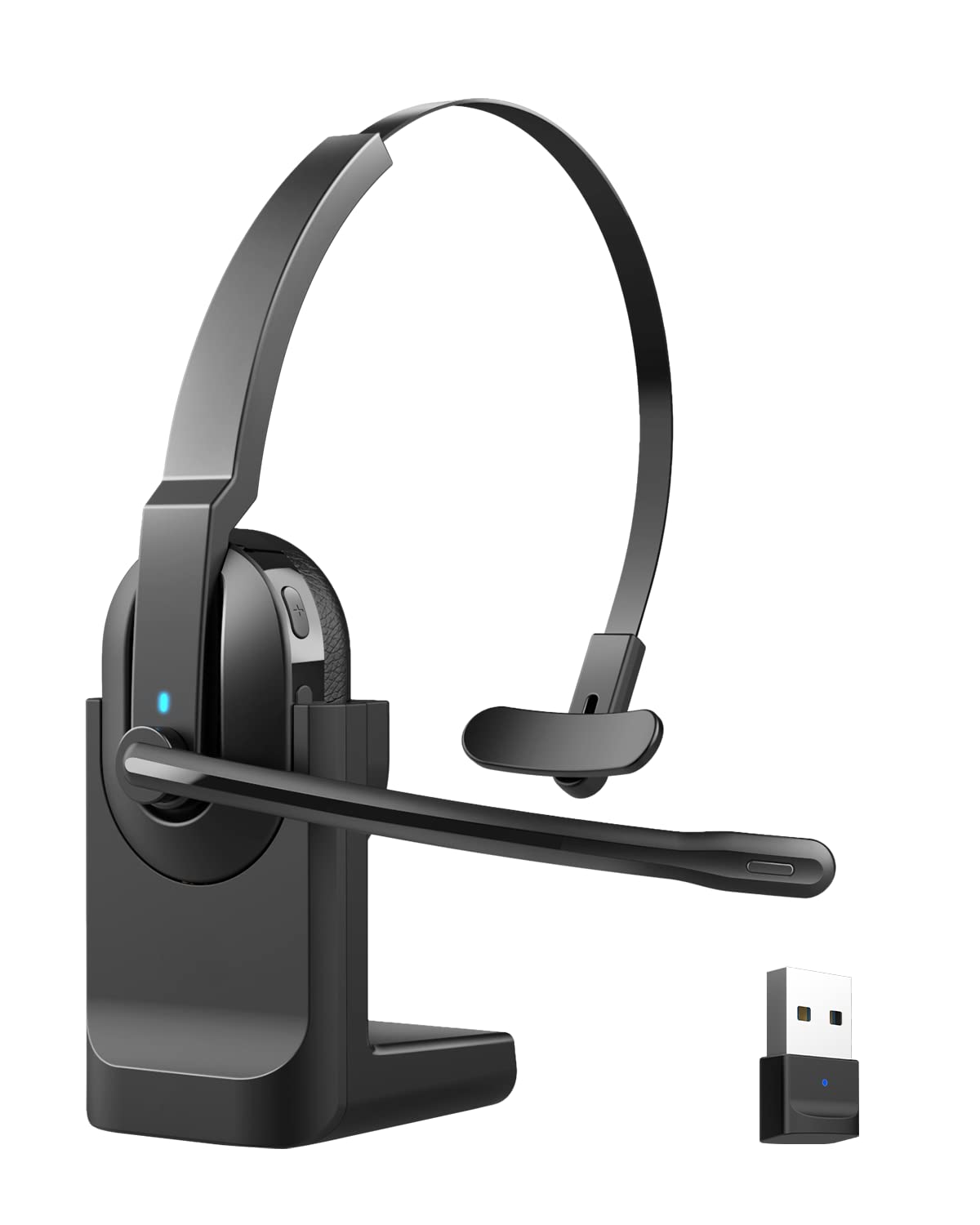 ASIAMENG Bluetooth Headset with Microphone - AI Noise Cancelling Wireless Headset with USB Dongle & Charging Stand, 50H Talk Time for Truckers, PC, Laptop, Cell Phones - Perfect for Home Office, Online Meetings & Long-Distance Driving