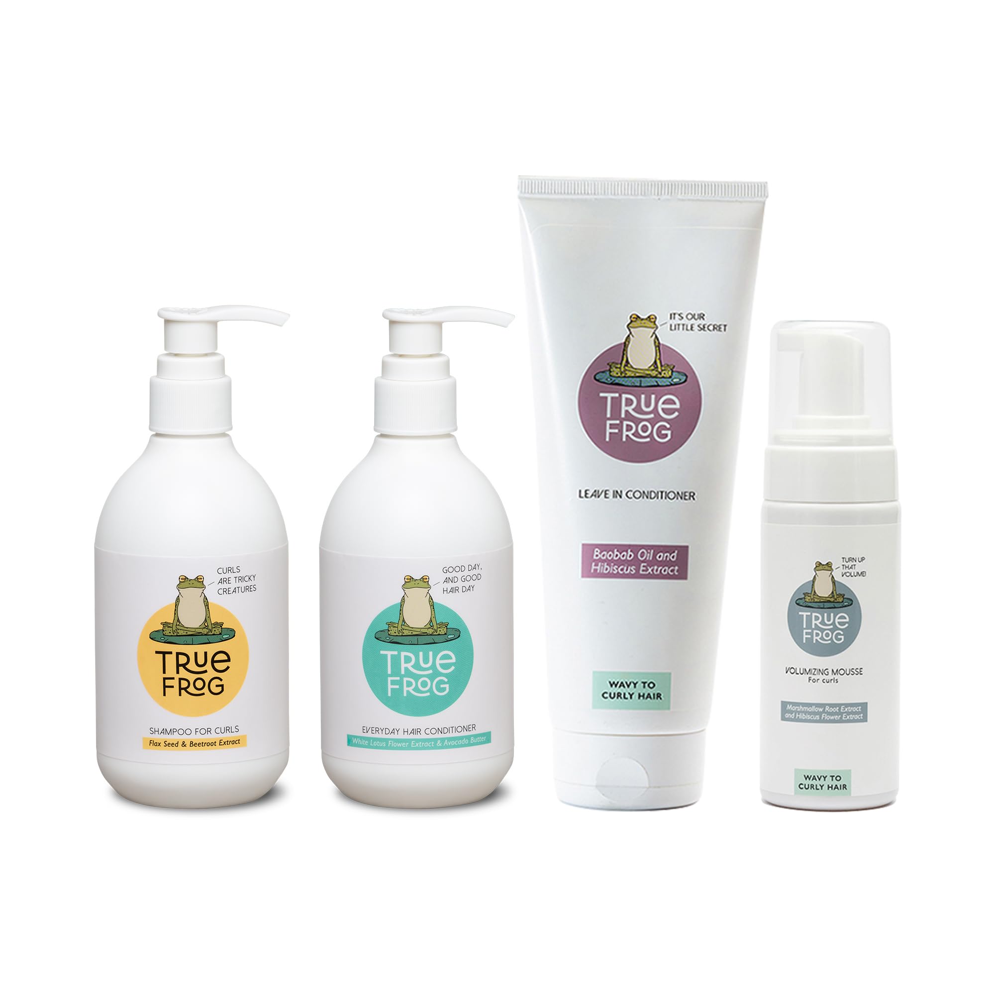 True Frog Volumizing Curl Care Combo Set - 250ml Curly Hair Shampoo, 250ml Daily Conditioner, 200ml Leave-In Conditioner & 150ml Volumizing Mousse - Hydrating Hair Care Kit for Curly, Wavy & Coily Hair - Perfect for Daily Use & Salon-Quality Styling at Home
