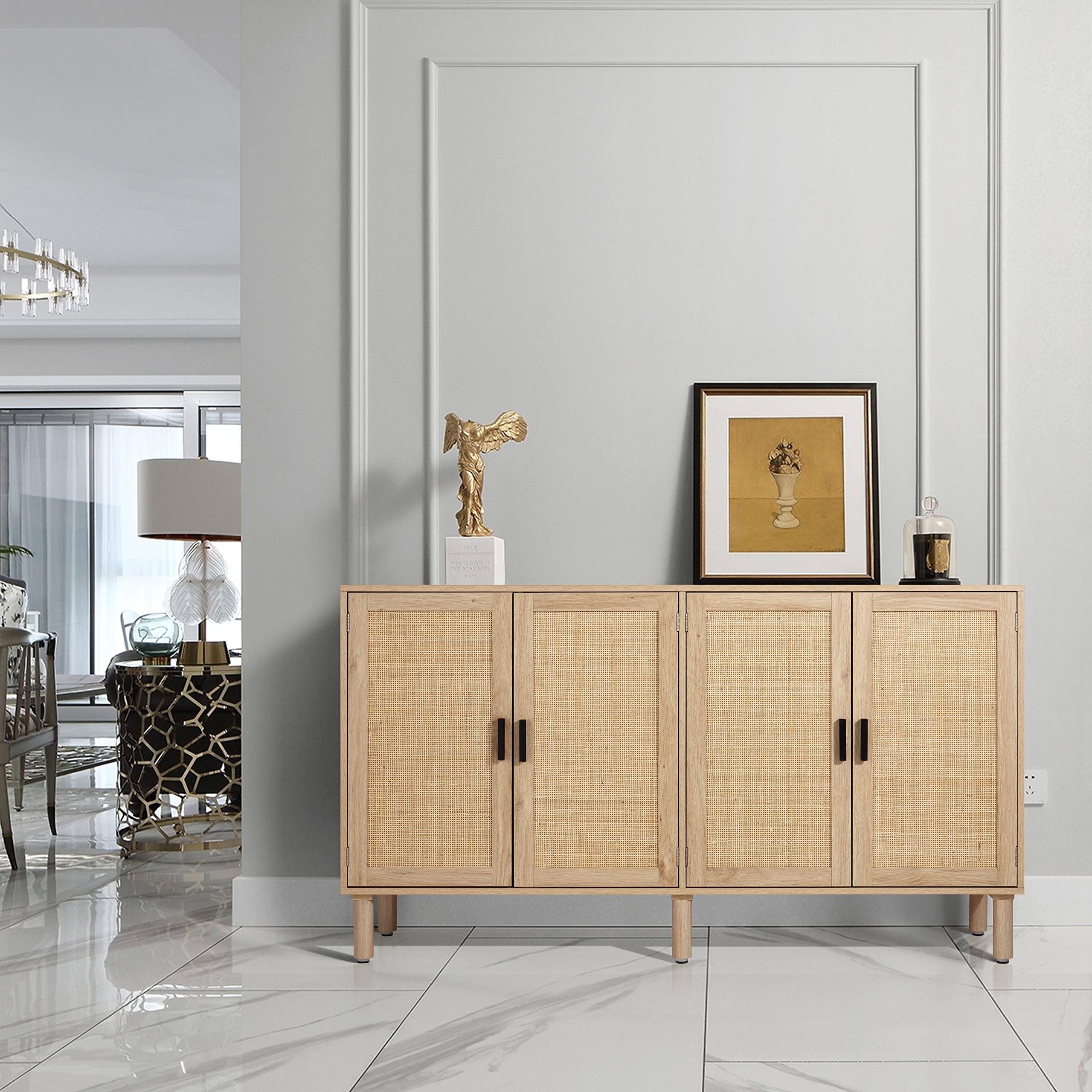Finnhomy 4-Door Sideboard Buffet Cabinet with Rattan Doors - 62.3
