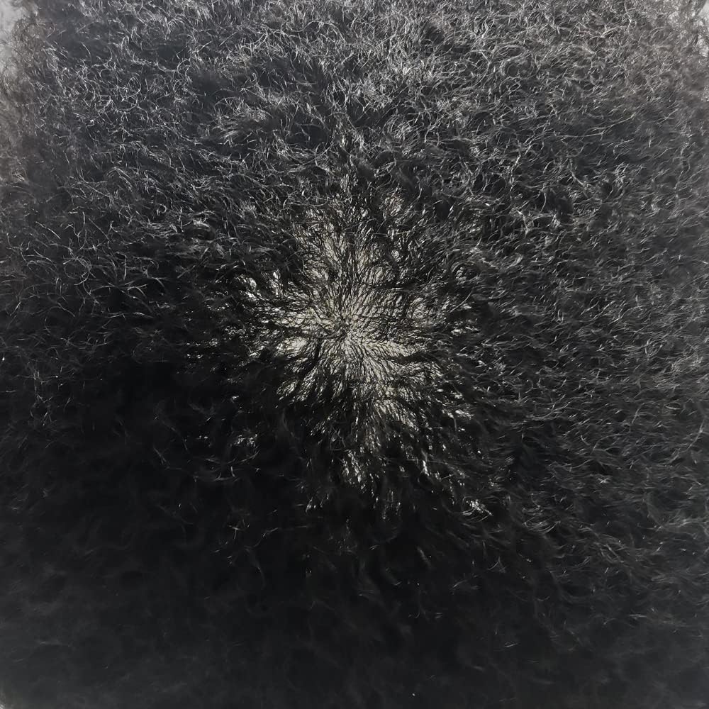 Afro Toupee for Black Men - Kinky Curly Brazilian Human Hair Piece - African American Afro Wavy Men's Toupee Hairpieces - Full Poly Thin Skin Replacement System (8