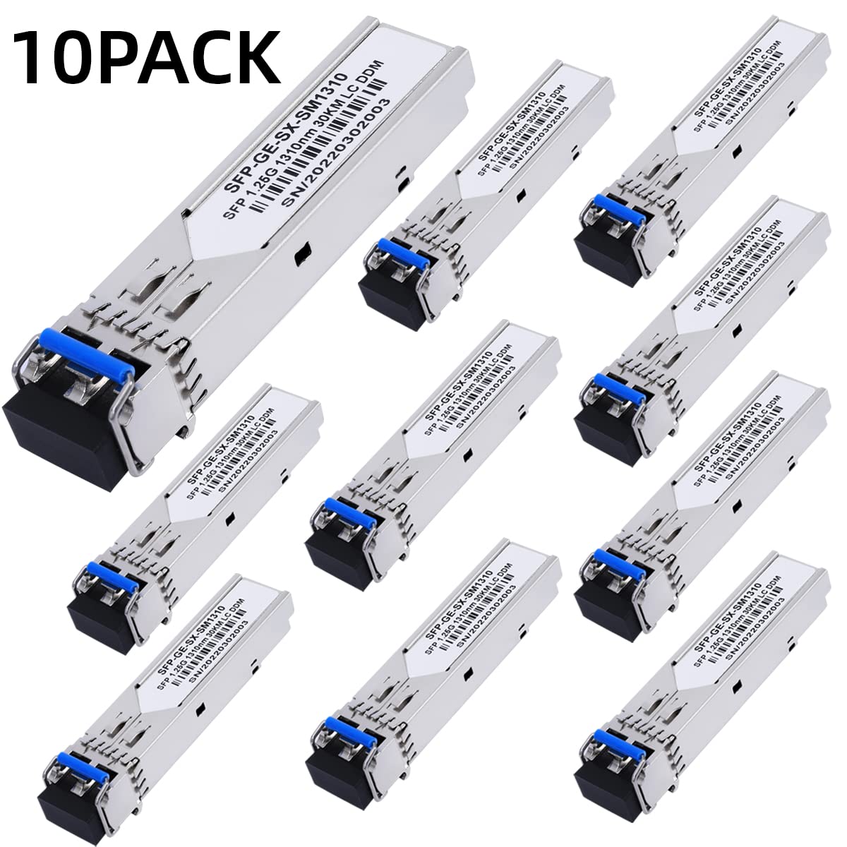 10 Pack 1.25G SFP LC Module 1000Base-LX (SMF,1310nm,20km,DDM) Single-Mode Fiber Optic Transceiver - Compatible with Cisco GLC-LH-SMD, Ubiquiti UniFi, Meraki MA-SFP-1GB-LX10, Fortinet, Mikrotik, TP-Link, Netgear, TL-SM311LS, D-Link - Ideal for Data Centers, Enterprise Networks & Telecom Applications