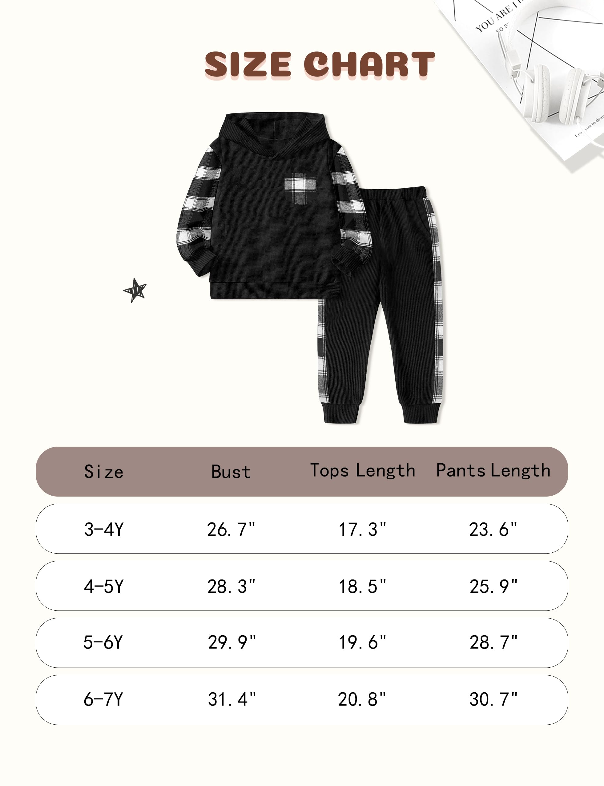 Boys' Waffle Plaid Hoodie & Patchwork Casual Pants 2-Piece Set - Warm Fall Winter Outfits with Pockets for Toddlers | Playdates, Preschool & Outdoor Activities
