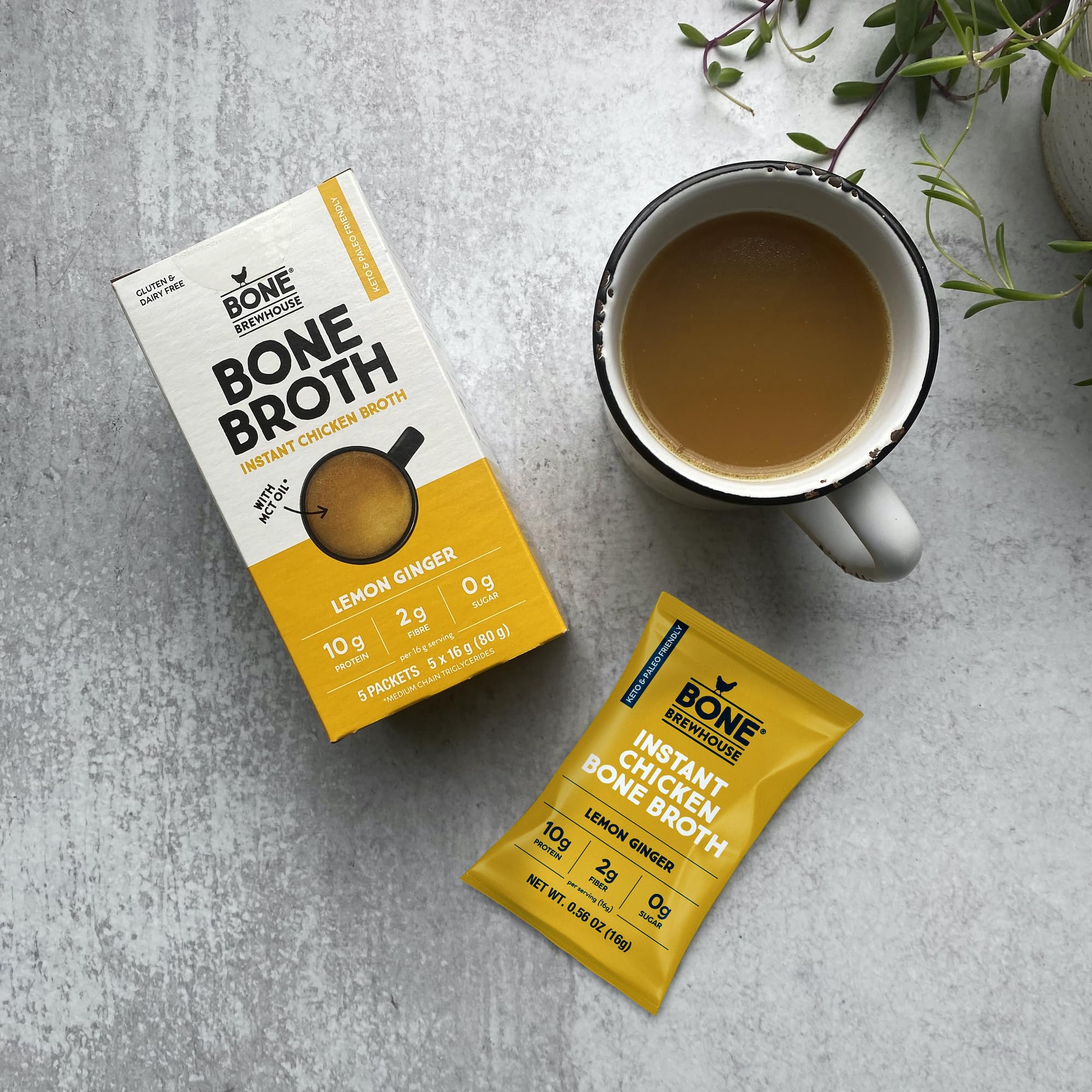 Bone Brewhouse Chicken Bone Broth Protein Powder - Lemon Ginger Flavor - Keto Paleo Friendly Instant Soup - 10g Protein per Serving - Natural Collagen Supplement - Gluten Free Dairy Free - 5 Single Serve Packets - Perfect for Post Workout Recovery, Keto Diet & Immune Support
