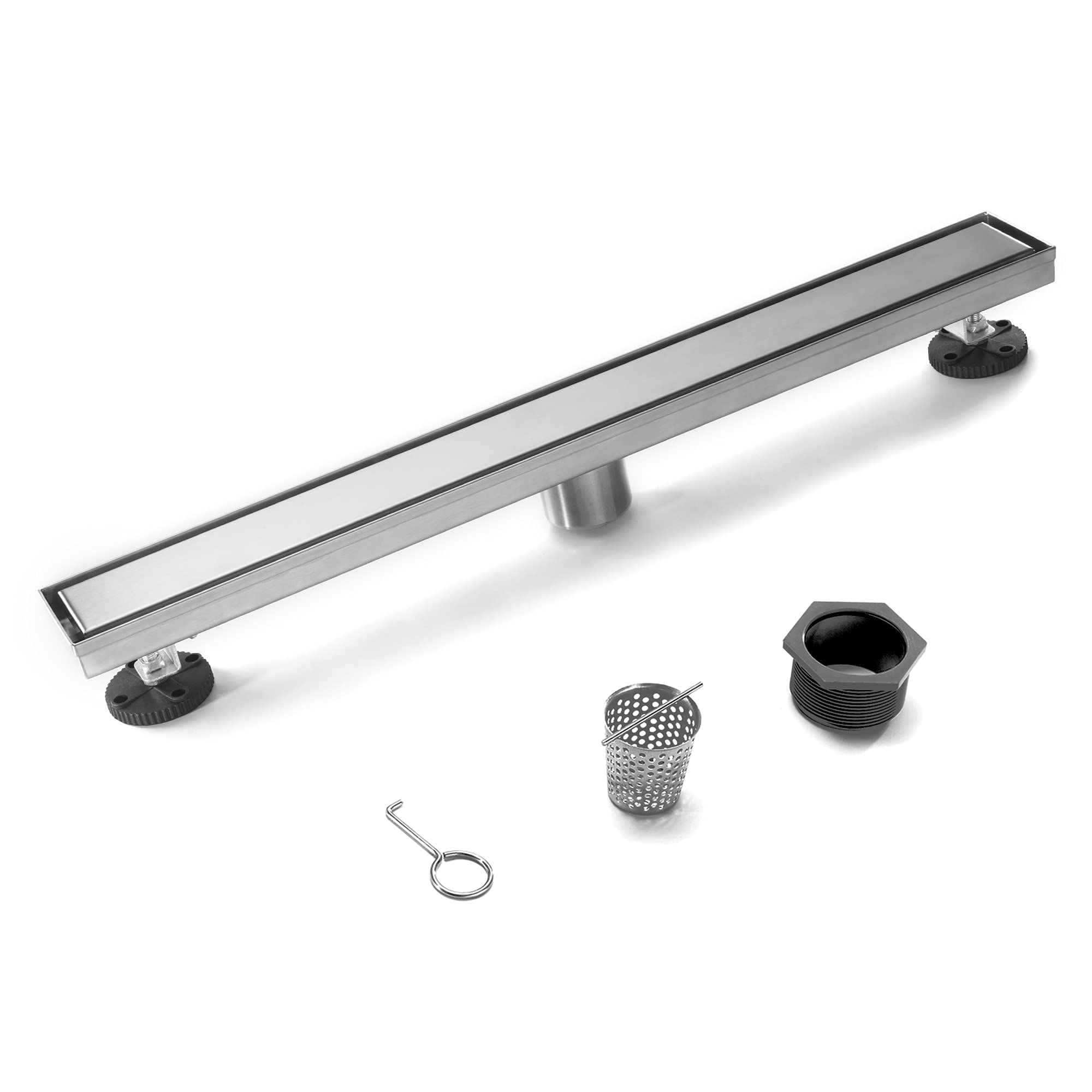 HEATGENE 48-Inch Linear Shower Drain - Stainless Steel Rectangle Shower Floor Drain with 2-in-1 Flat & Tile Insert Cover, Adjustable Leveling Feet & Hair Strainer - Brushed Finish for Bathroom, Wet Room & Modern Shower Renovation