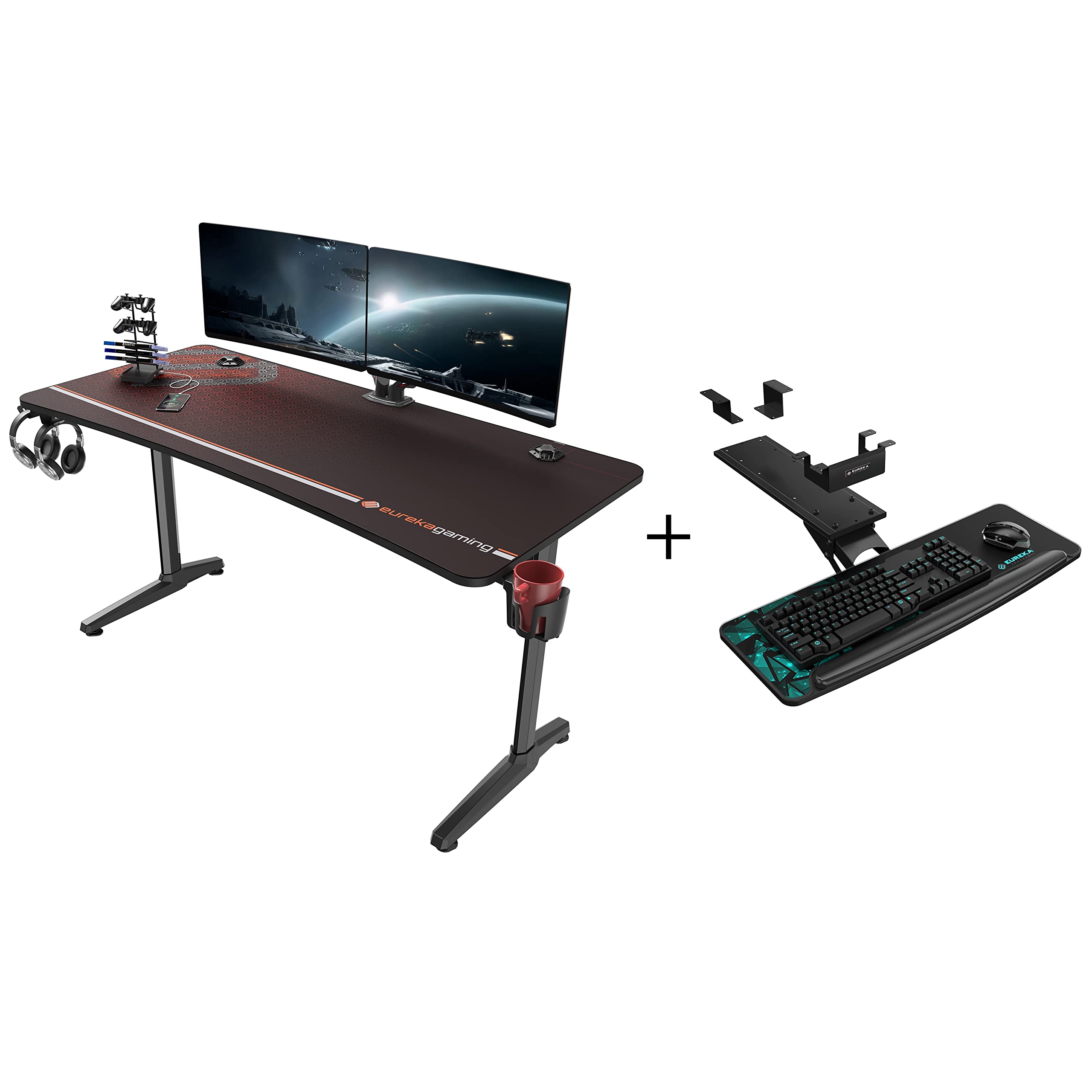 EUREKA ERGONOMIC 60 Inch Curved Gaming Desk with Large Adjustable Keyboard Tray - Perfect for PC Gaming, Streaming & Home Office Setup