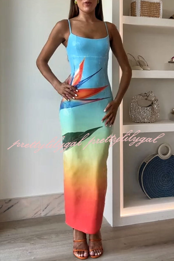 Dreamy Sequin Floral Gradient Print Slit Stretch Maxi Dress for Women - Elegant Party, Evening Gown, Prom, Wedding Guest Dress