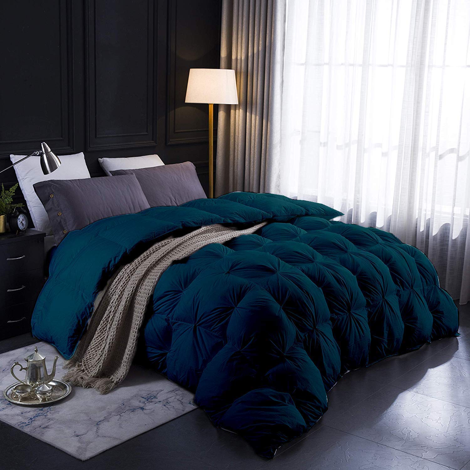 600 GSM All-Season 3-Piece Quilted Pinch Pleated Comforter Set - 100% Cotton Duvet Insert with 2 Pillowcases (Oversized Queen, Teal Green) for Cozy Bedroom Decor & Luxury Hotel-Style Comfort