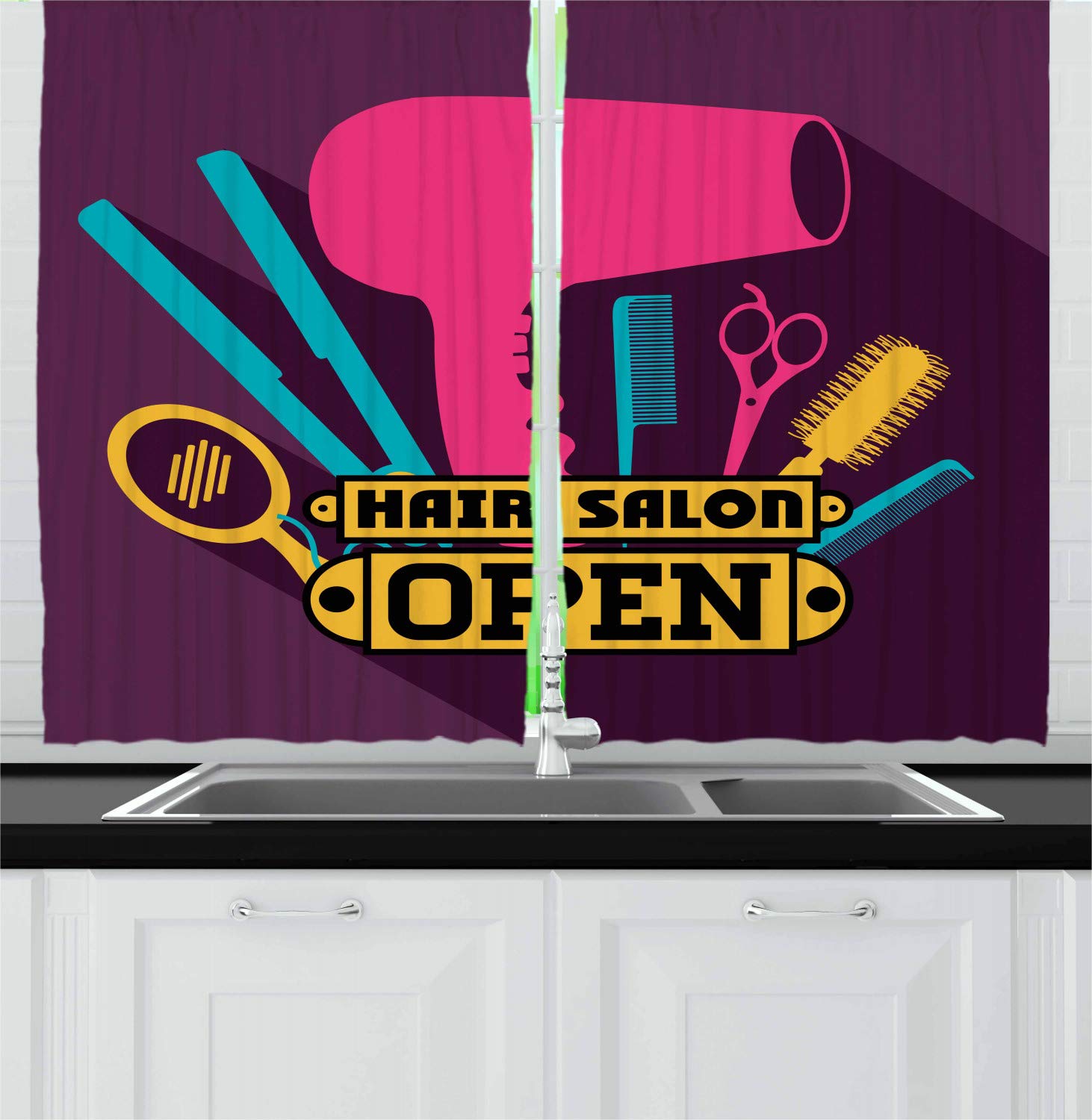 Ambesonne Hair Salon Kitchen Curtains - Vibrant Hairdressing Equipment Design, 2 Panel Set 55