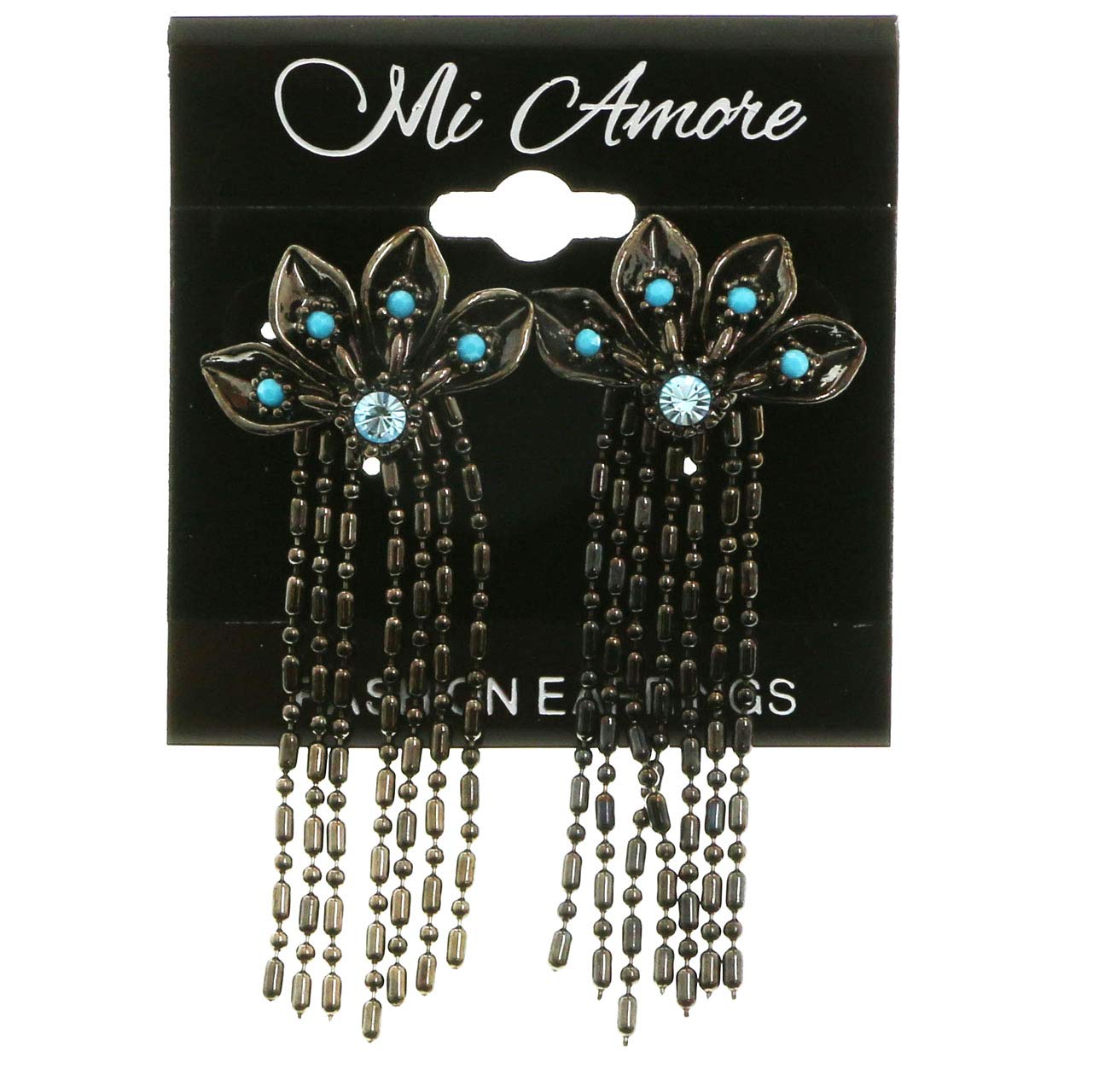 Mi Amore Crystal Dangle Earrings Dark Silver Blue for Evening Parties