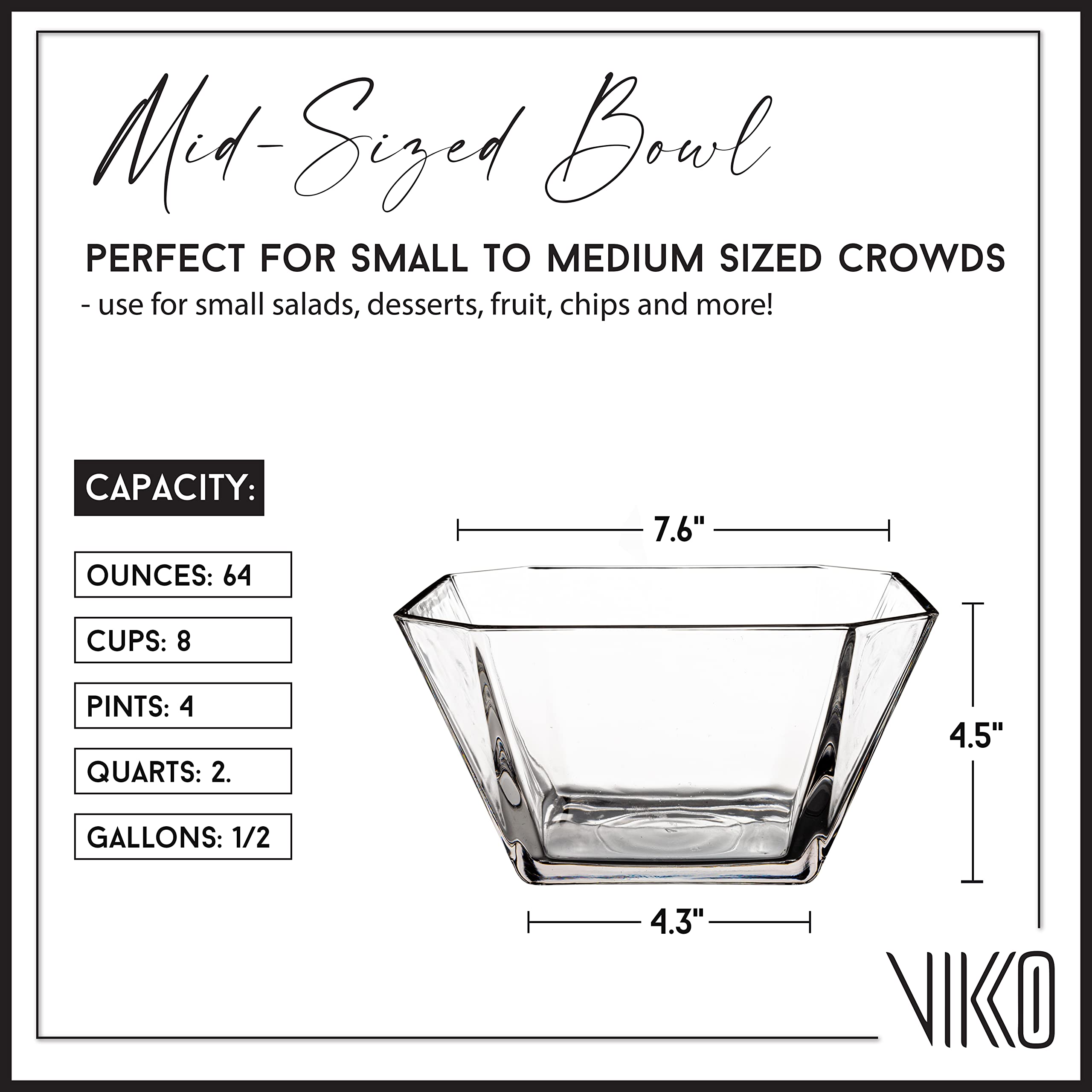 Vikko Glass Salad Bowls - 64oz Thick Square Clear Glass Serving Bowls for Snacks, Fruits, Salads & Entertaining - 2 Quart Decorative Bowl for Kitchen, Dining Table & Party Serving (Set of 2)