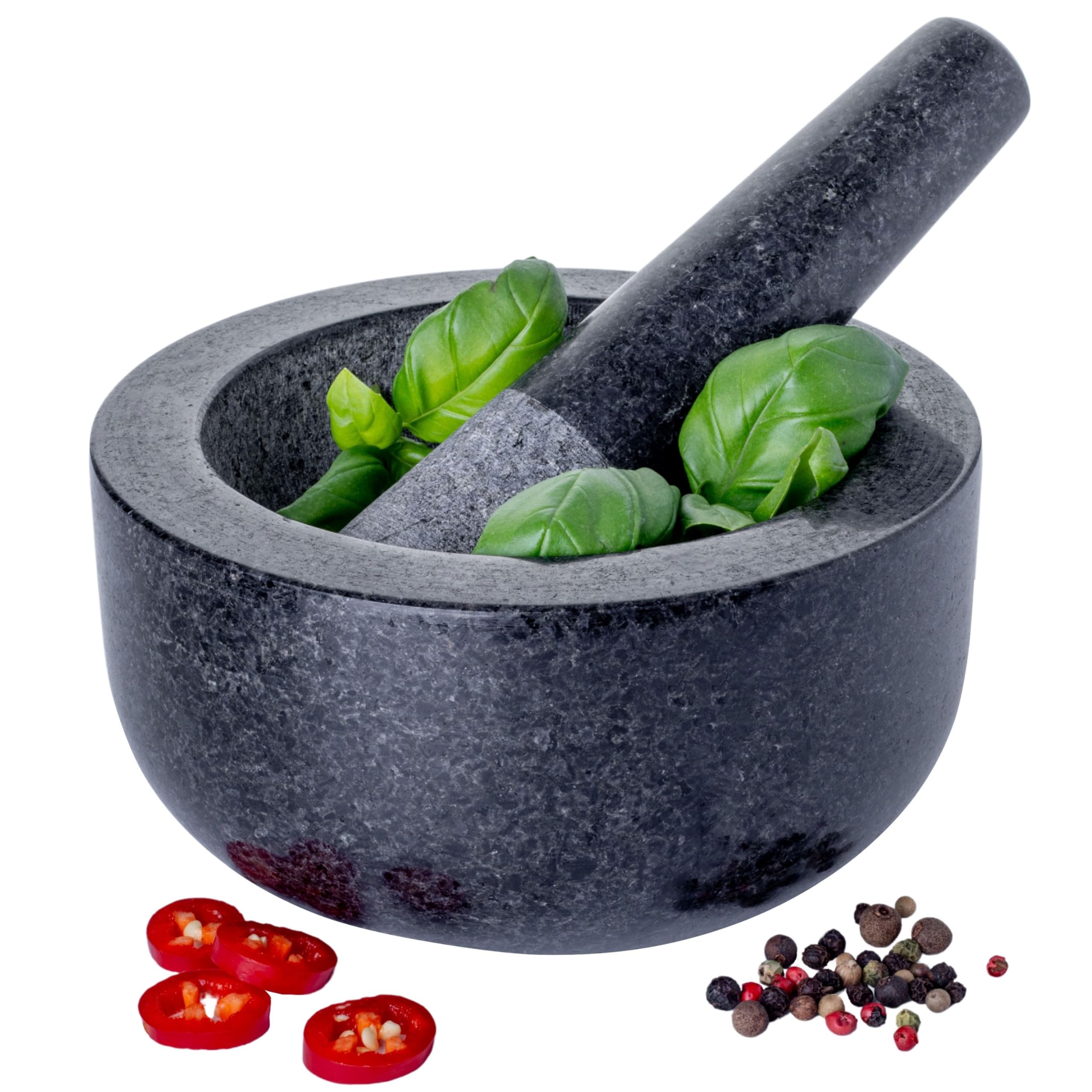 Premium Homiu Granite Mortar and Pestle Set - 6.1 Inch Natural Stone Spice Grinder for Herbs, Garlic, Peppercorns & Paste - Durable Kitchen Tool for Crushing, Grinding & Mixing - Perfect for Cooking, Baking & Herbal Remedies