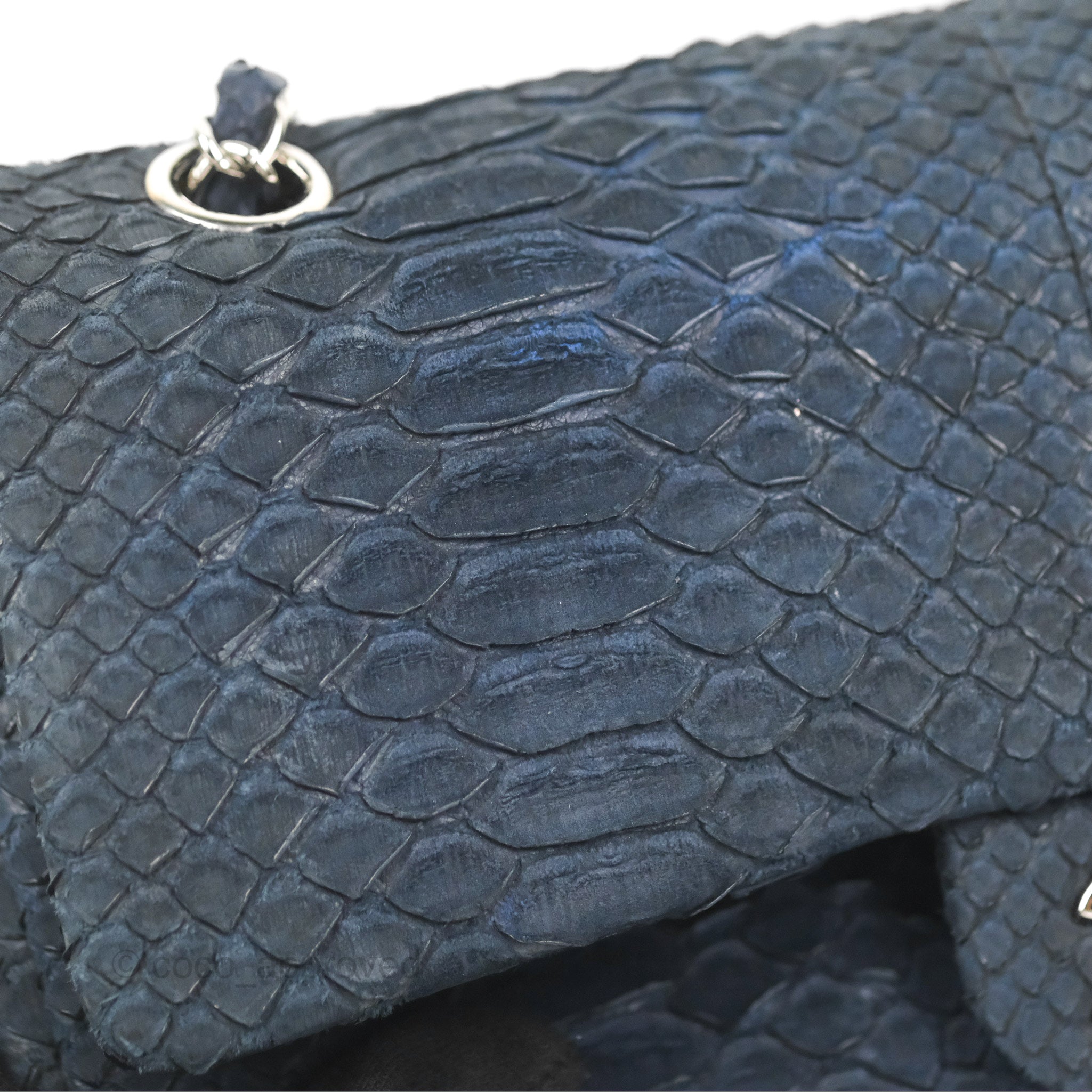 Chanel Classic Medium Flap Bag in Navy Python Leather with Silver Hardware - Perfect for Evening Events & Luxury Fashion Accessories