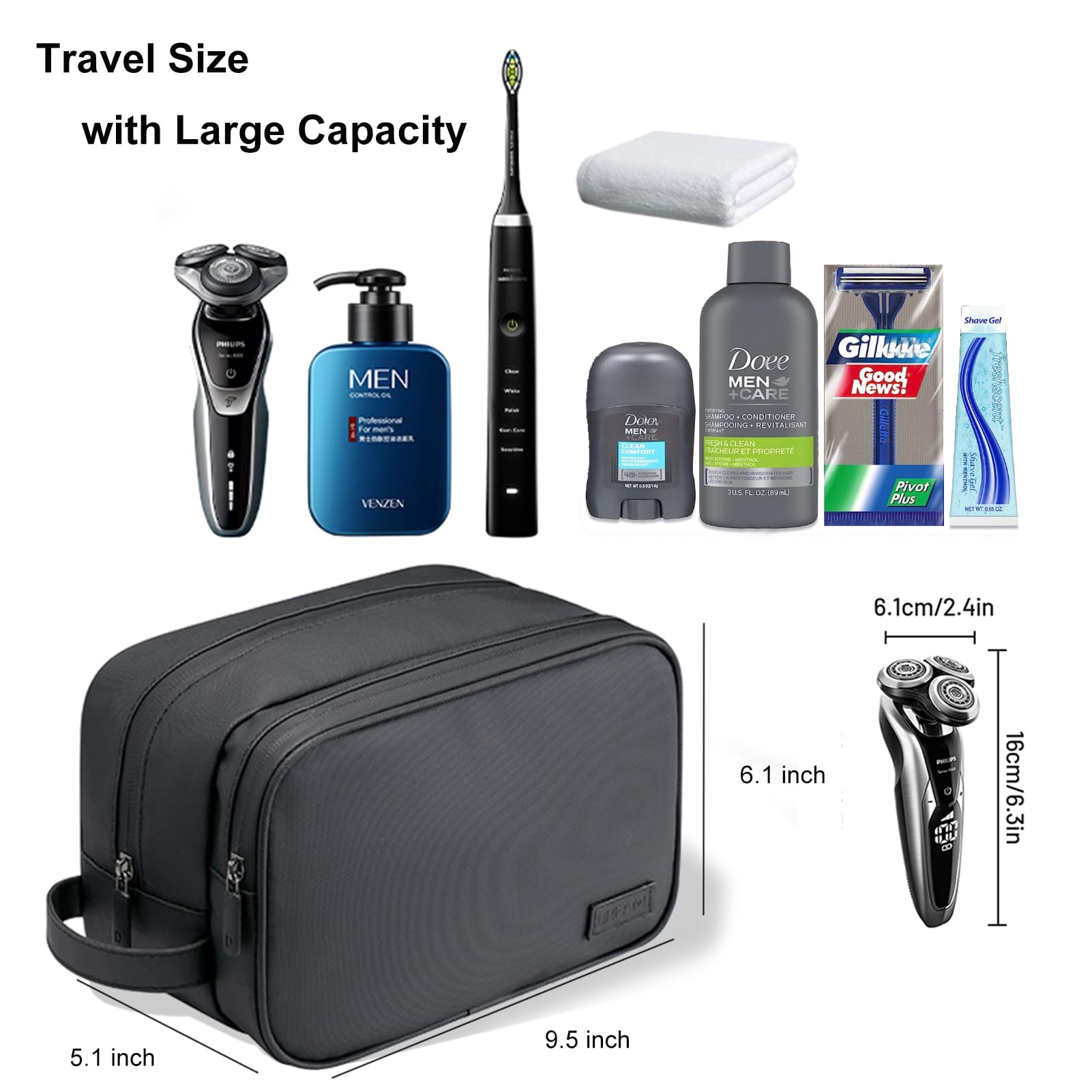 Waterproof Travel Toiletry Bag for Men & Women - PU Leather Dopp Kit & Shaving Organizer - Compact Size for Toiletries (Black) - Perfect for Airplane Carry-on, Gym, Camping & Business Trips