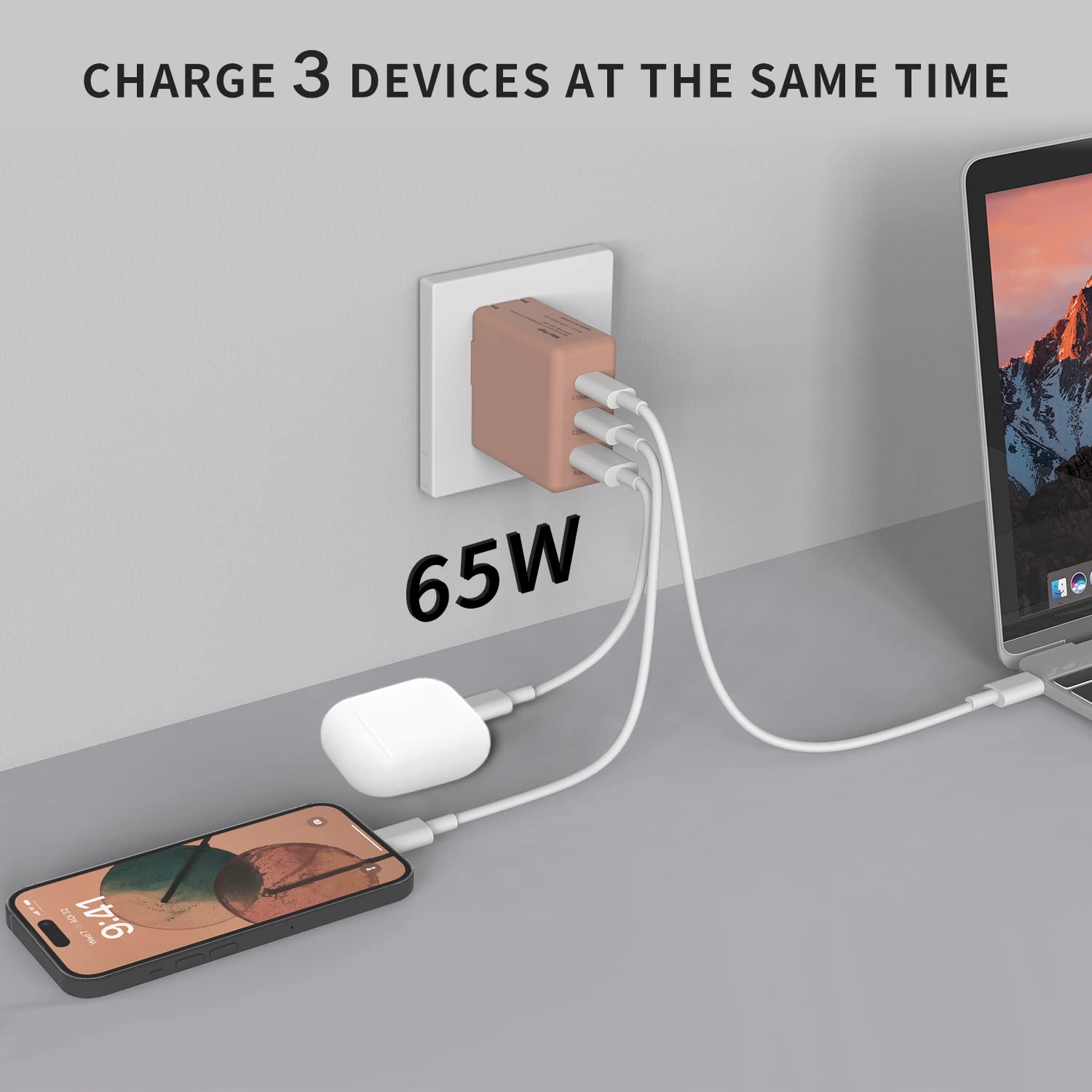 65W GaN Fast Charger USB C 3-Port Compact Wall Charger Adapter for MacBook Pro/Air, iPhone 15/14/Pro, iPad Pro, Galaxy S23/S21 - Pink | Fast Charging for Travel, Home & Office Use
