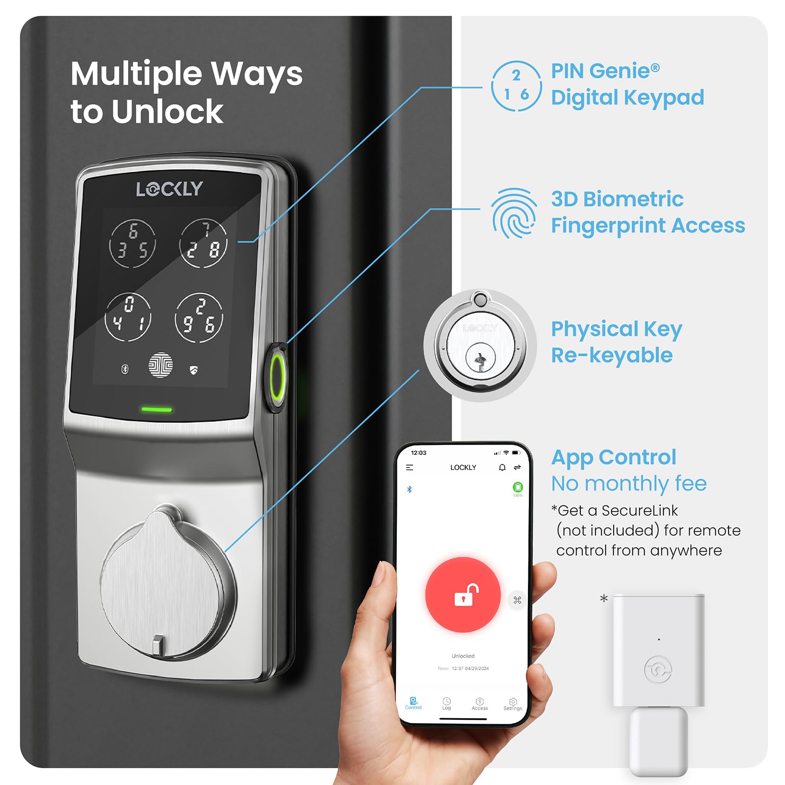 Lockly Smart Wi-Fi Deadbolt Lock with Keyless Entry, PIN Genie® Keypad & 3D Fingerprint Sensor - Auto Locking Smart Door Lock for Home Security (Satin Nickel) - Perfect for Smart Homes, Vacation Rentals & Airbnb Properties