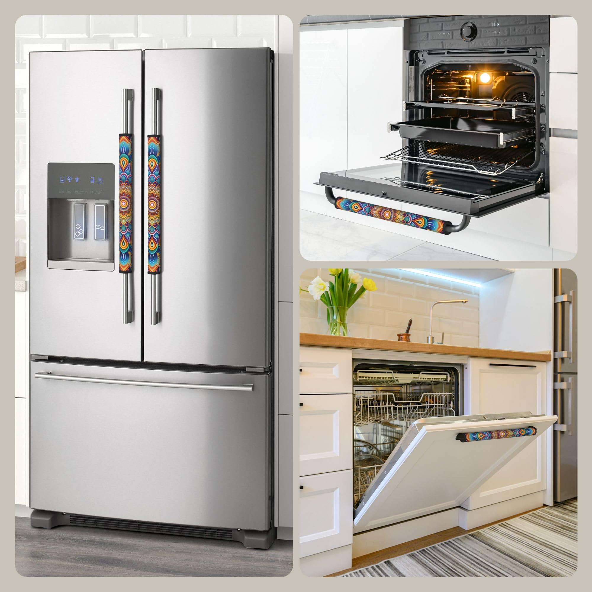 Boho Refrigerator Handle Covers Set of 2 - Stylish Fridge, Freezer, Oven & Dishwasher Handle Protectors for Kitchen Decor & Home Organization - Perfect for Modern Homes & Rental Properties