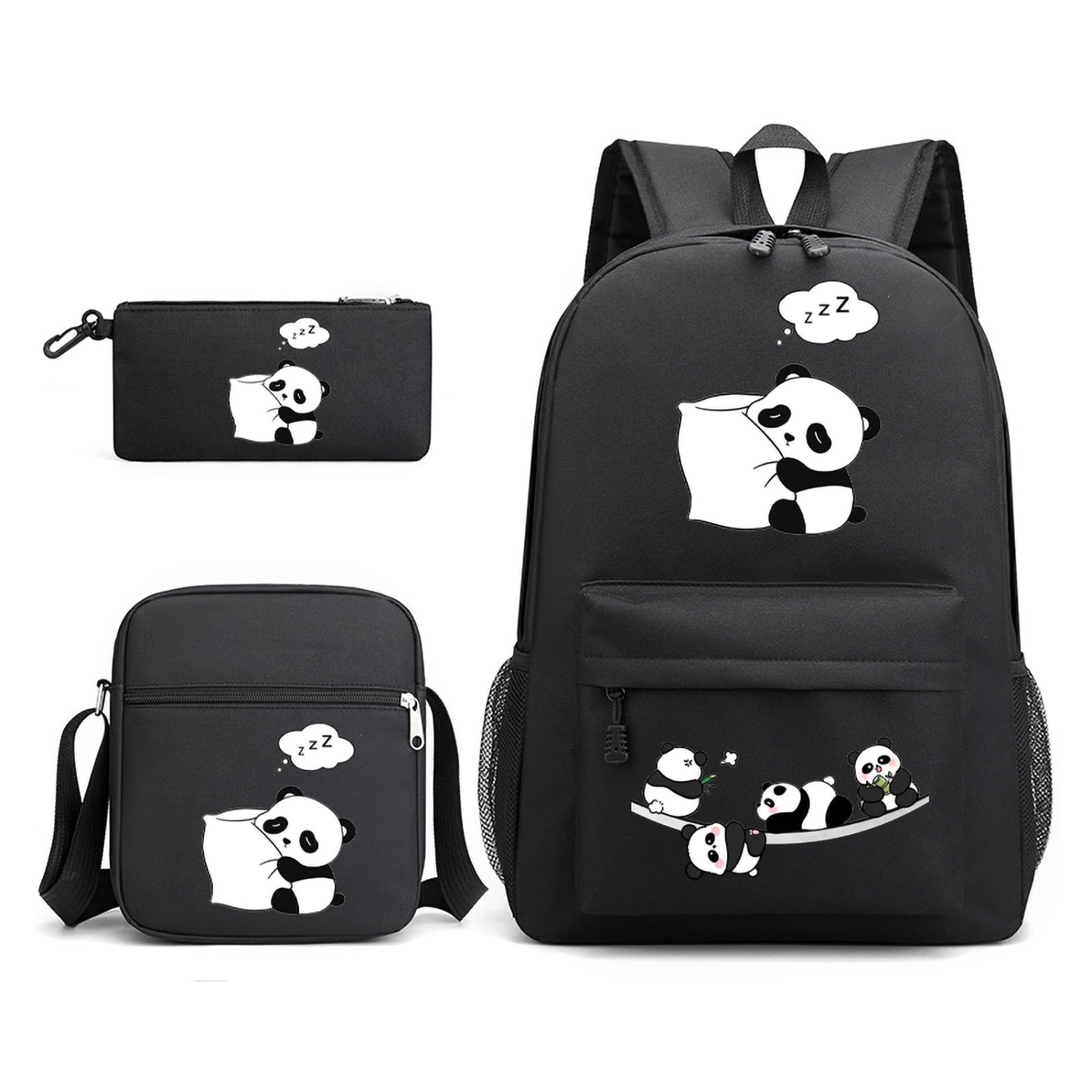 3-Piece Panda Print Backpack Set for Boys & Girls - 17 Inch School Book Bag with Lunch Box & Pencil Pouch - Cute Black Panda Design for School, Travel & Sports Activities