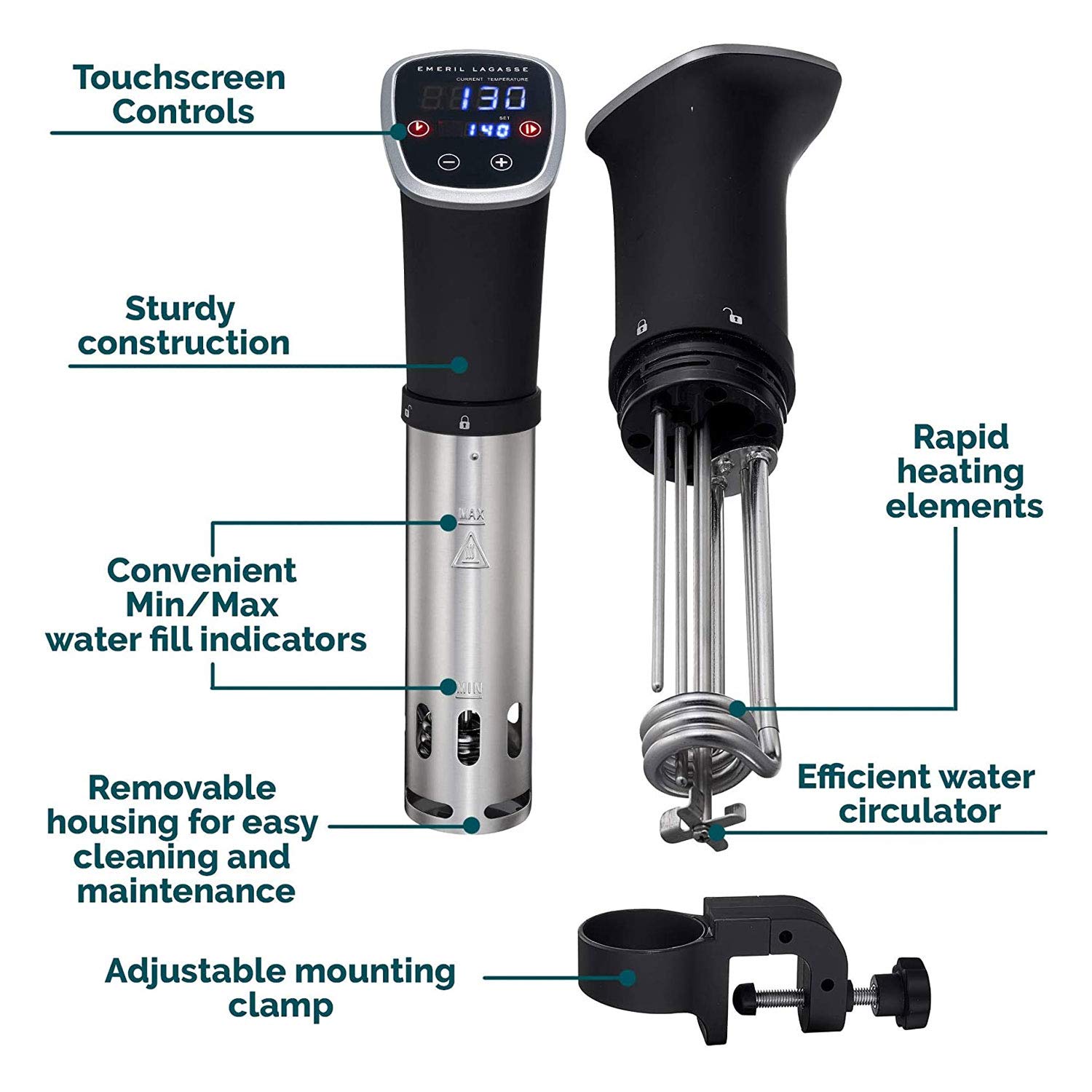 Emeril Lagasse Digital Sous Vide Cooker with Touchscreen - Precision Temperature Control Immersion Circulator for Home & Professional Kitchens | Includes Mounting Clip, Recipes & Storage Case | Perfect for Steak, Seafood & Meal Prep