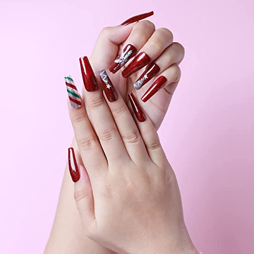 UPHUNAL 24Pcs Handmade Long Press on Fake Nails - Coffin Shape Acrylic Artificial Nails Set with Glossy Finish & Nail File, Reusable for Women, Perfect Gift for Moms & Ladies (Big Snow Design) - Great for Parties, Weddings, Date Nights & Special Occasions
