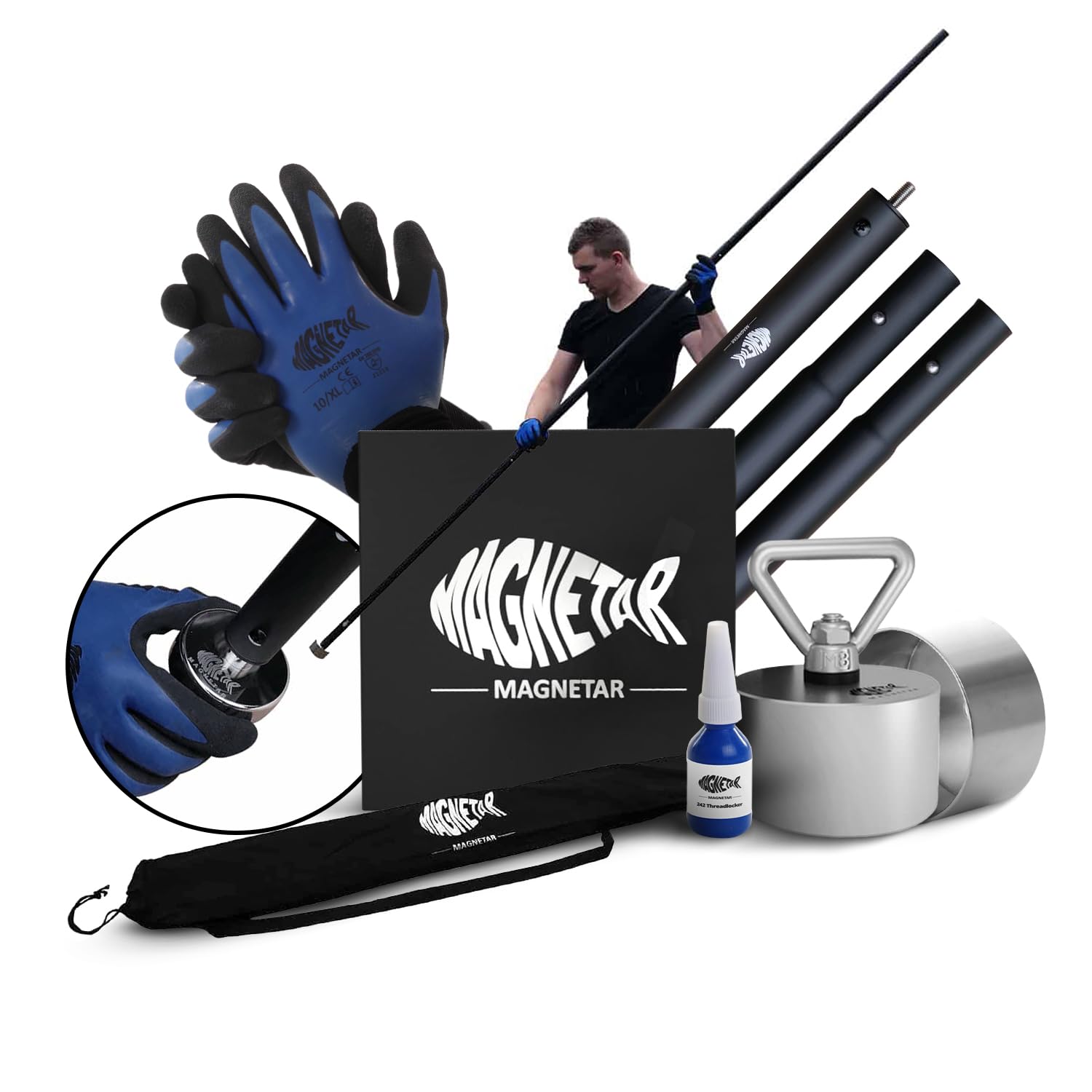 **Magnetar 2000 LB Magnetic Fishing Kit with 360° Rotating Magnet, Prodding Stick, Gloves & Cover - Strong Neodymium Magnet for Underwater Treasure Hunting, River & Lake Fishing, Metal Recovery**