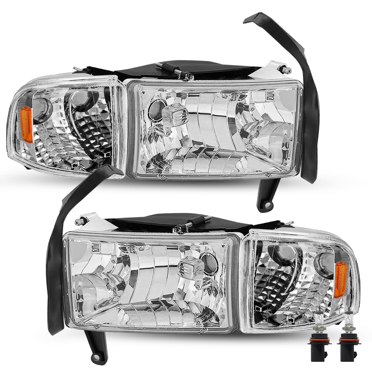 Halogen Headlight Assembly Replacement for 1994-2001 Dodge Ram 1500 & 1994-2002 Dodge Ram 2500/3500 Pickup Truck - 4PC Headlamp Kit with Corner Lights & Chrome Housing (Bulbs Included) - Perfect for Night Driving & Off-Road Adventures