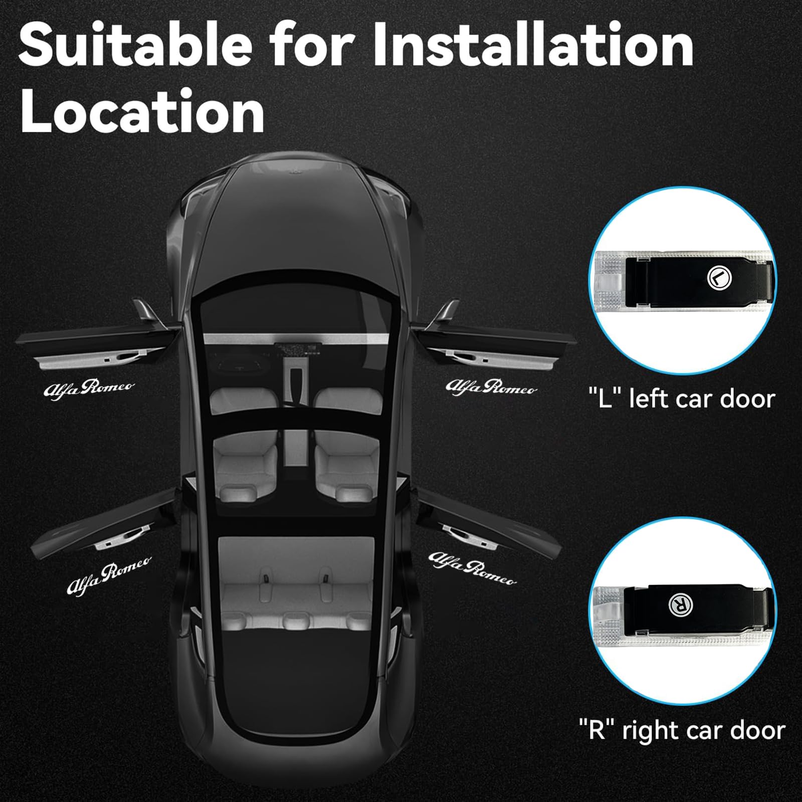 **Ultra-Bright LED Door Logo Projector Puddle Lights for Alfa Romeo Giulia 952, Stelvio 949, Tonale & Giulietta – Durable Never-Fade Welcome Step Lights with White Letter Design – Perfect for Nighttime Safety & Custom Car Styling**