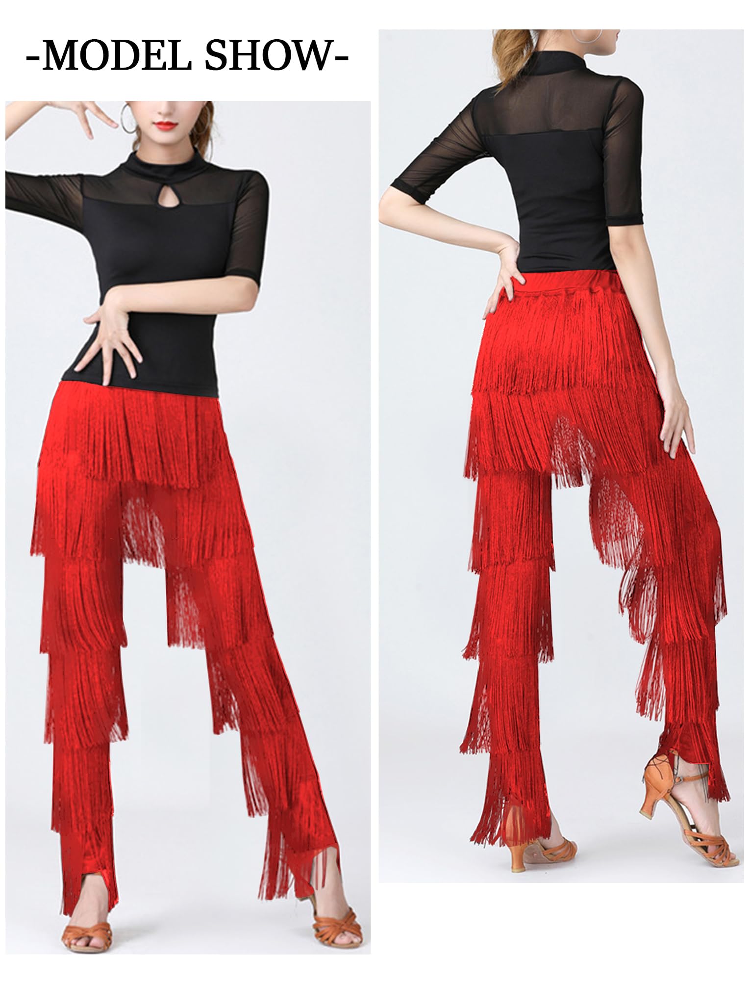 FEOYA Women's Latin Dance Pants with Fringe Tassels - Ballroom, Rumba, Tango, Salsa Practice Pants - Perfect for Dance Performances, Competitions & Studio Training