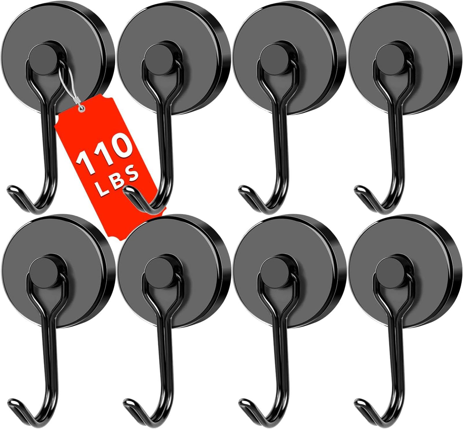 DIYMAG Black Magnetic Hooks - 110LBS Heavy Duty Magnetic Hooks for Refrigerator, Kitchen, Office & Cruise Ship - 8 Pack Strong Magnet Hooks with Metal Hook for Hanging Towels, Keys, Utensils & More