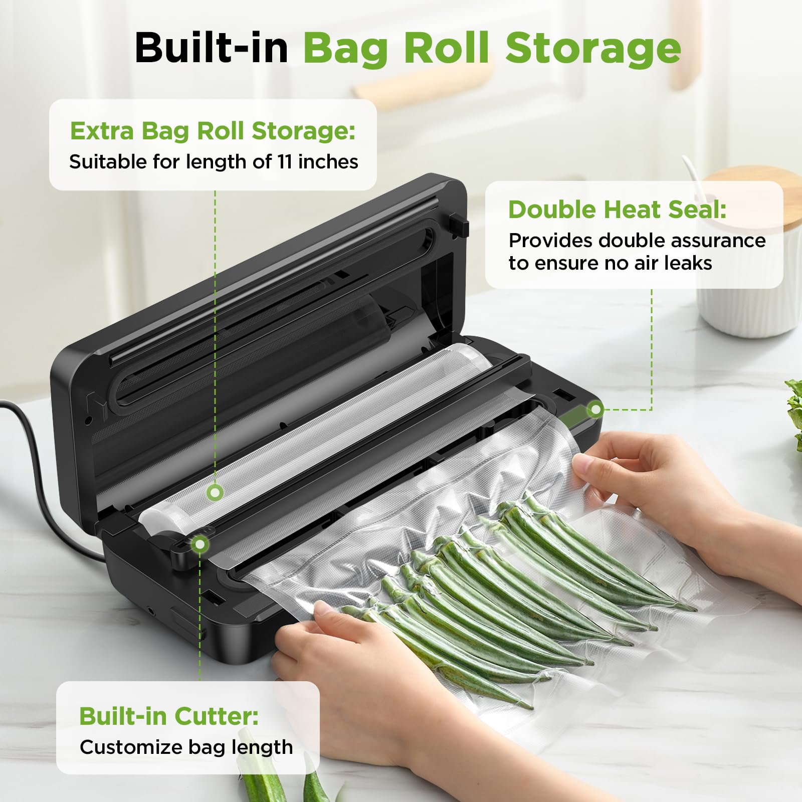 SPACEKEY Vacuum Sealer Machine 85Kpa - 8-in-1 Food Saver with Dry & Moist Modes, Pulse Function, Built-in Cutter & Bag Roll Storage - Includes Free Vacuum Bags - Perfect for Meal Prep, Sous Vide, Freezing & Food Preservation (Silver)