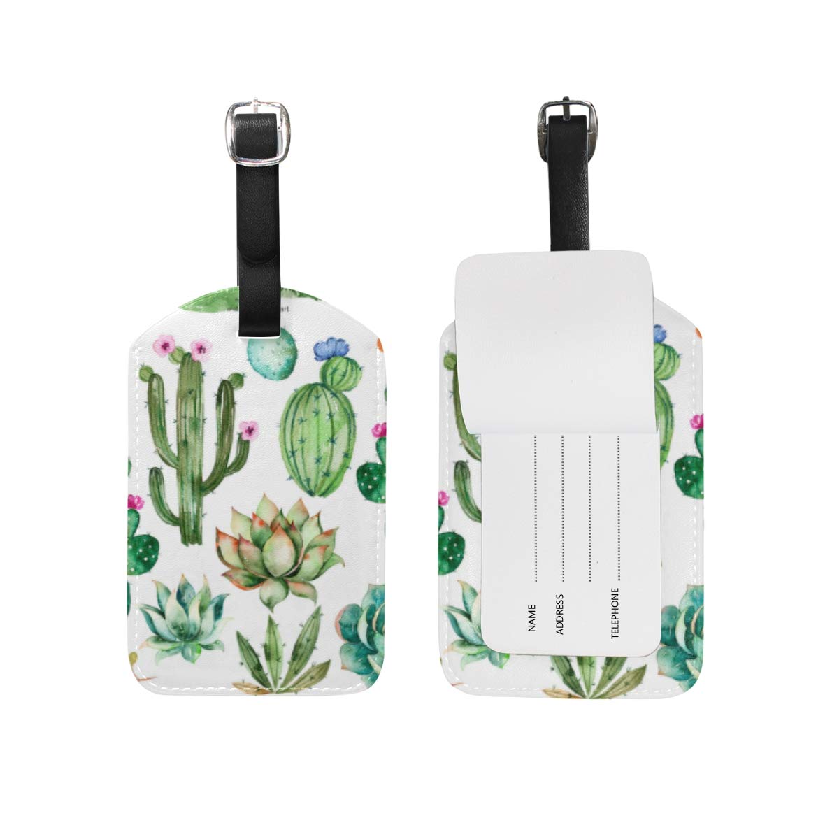 Watercolor Flowers Cactus Leather Luggage Tags - Durable Travel Suitcase Baggage Tag (1 Piece) for Vacation, Business Trips & Cruise Travel Accessories