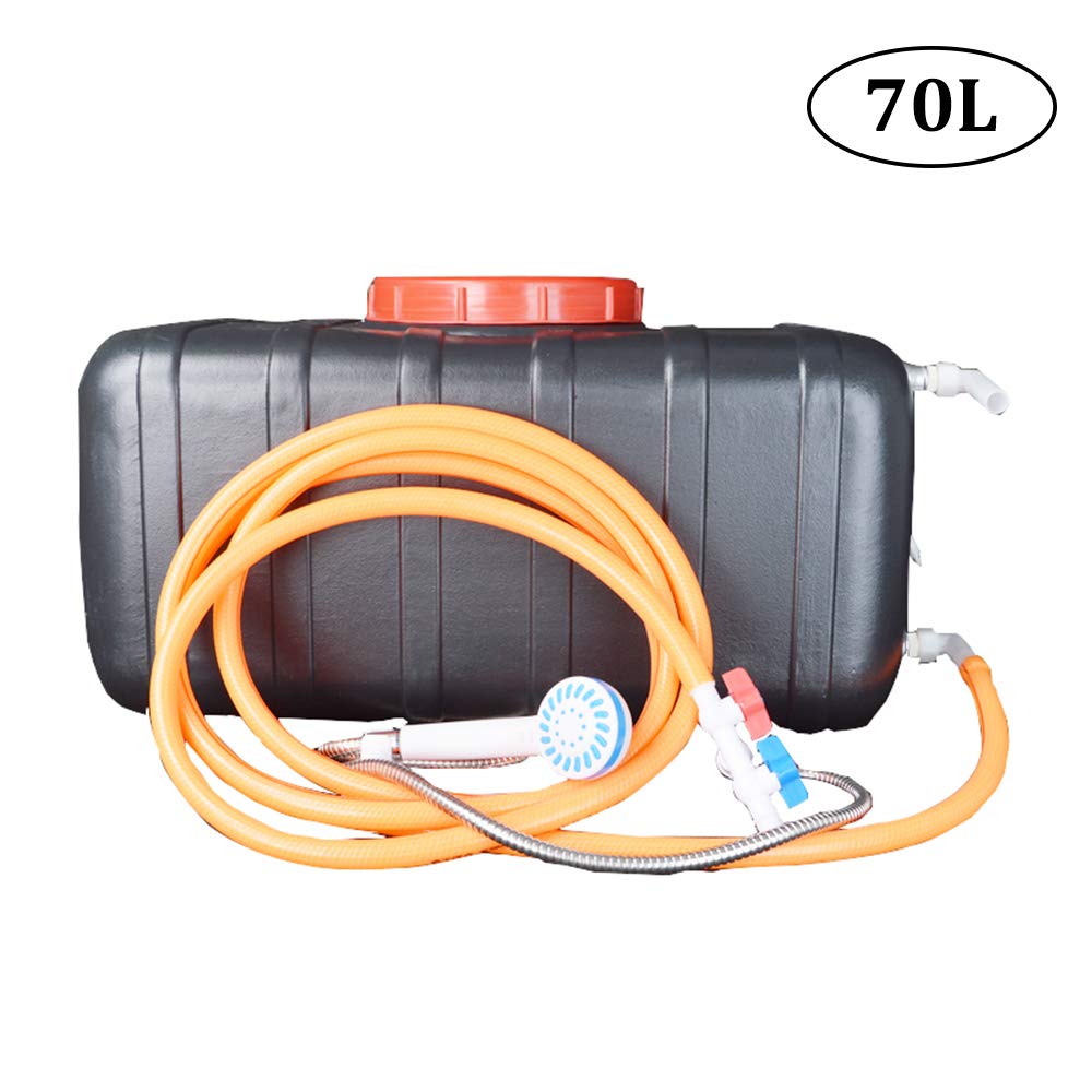 Outdoor Camping Water Storage Tank with Shower Head & Hose - Portable Plastic Water Container for Emergency, Travel, Solar Heating - Perfect for Camping, Hiking, Home Bath & Shower Use