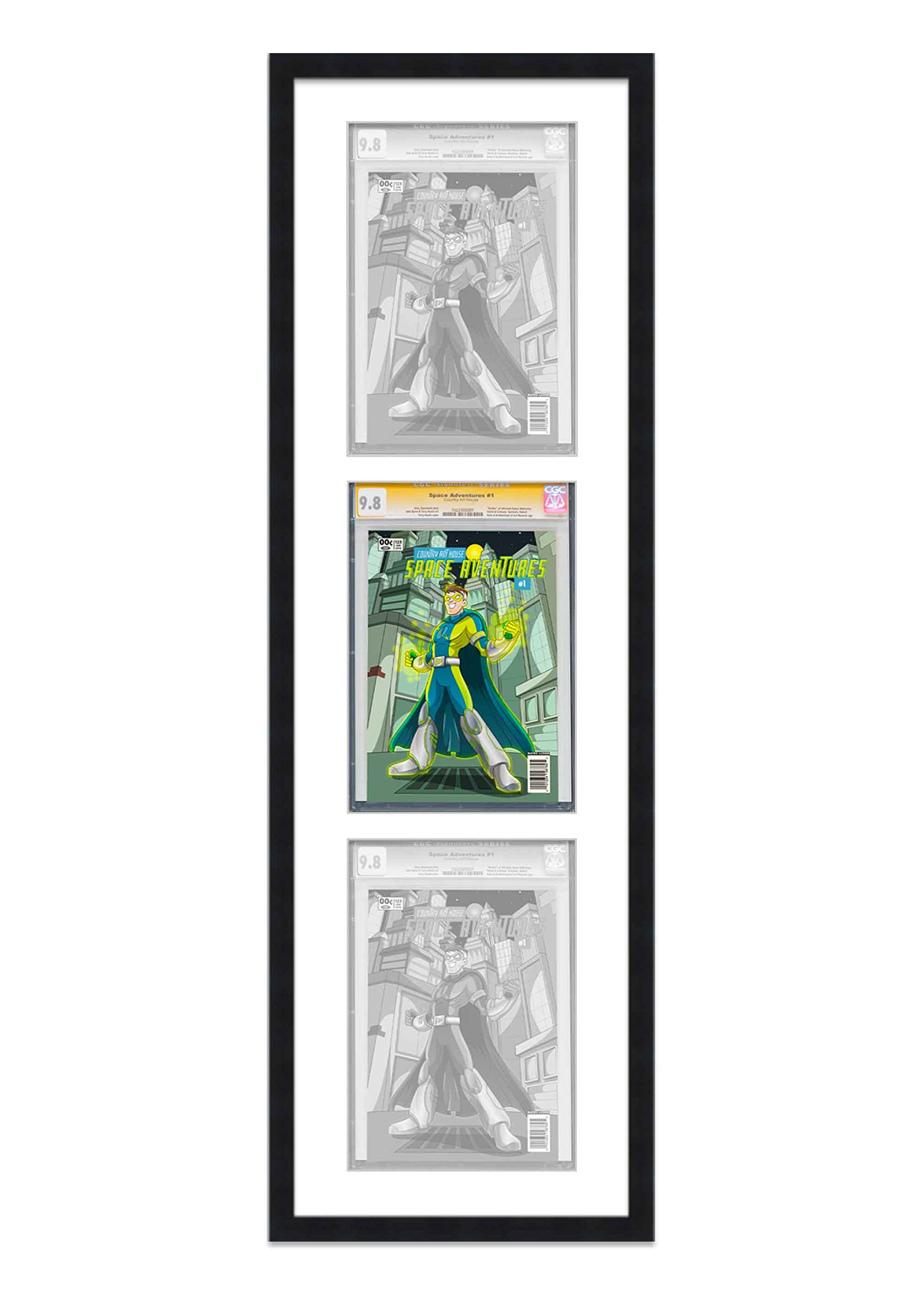 CountryArtHouse Black Comic Book Frame with White Mat - 3 Openings for Displaying CGC, CBCS or PGX Graded Comics Vertically - UV Acrylic Protection, Backing & Hardware Included - Perfect for Comic Collectors, Home Decor & Gift Giving