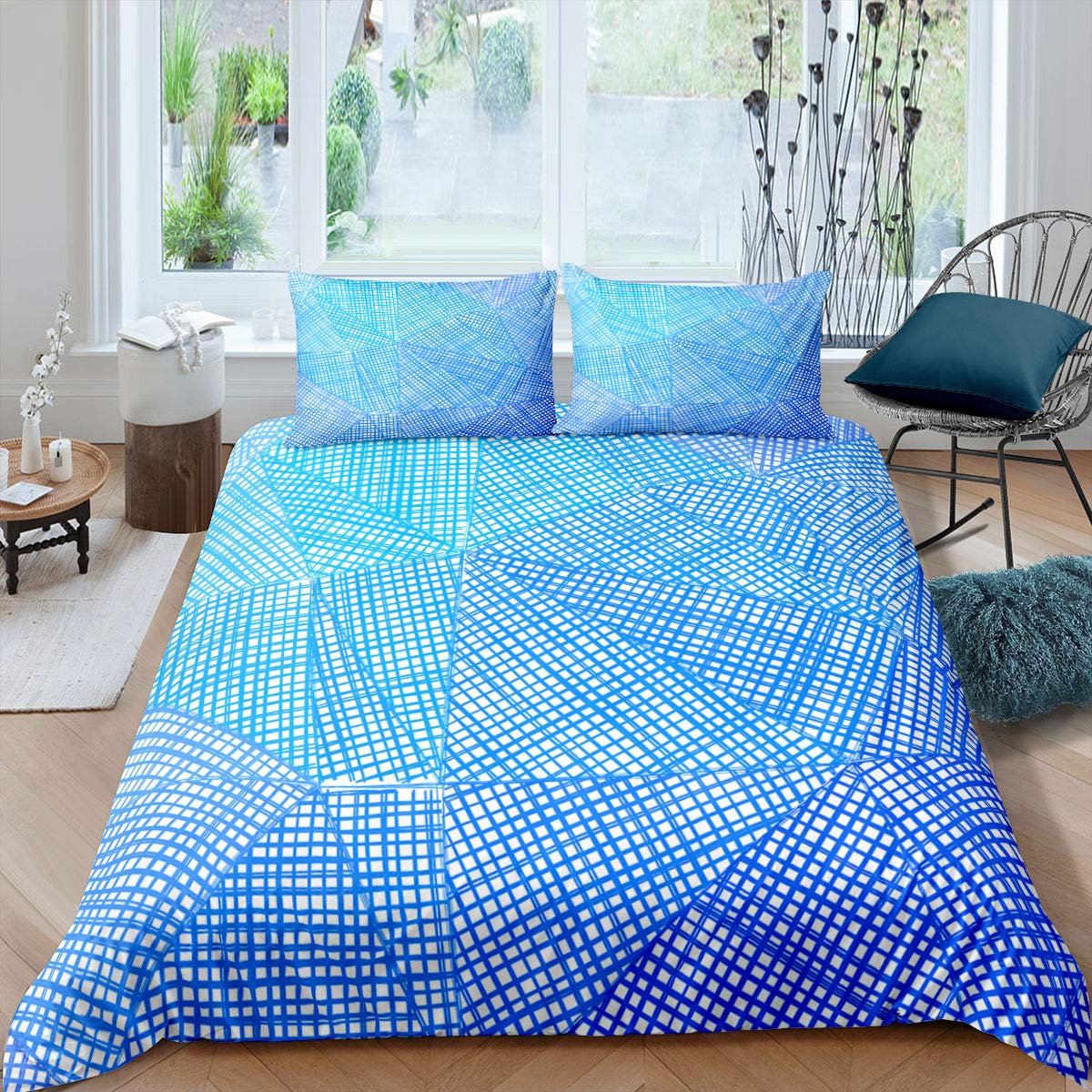 Abstract Geometric Printed Twin Size Duvet Cover Set - Blue Stripe Lattice Pattern, Soft Microfiber Bedding with Zipper Ties for Boys, Teens & Kids | Modern Irregular Triangle Design | Perfect for Bedroom Decor, Dorm Room Essentials & Gift Ideas
