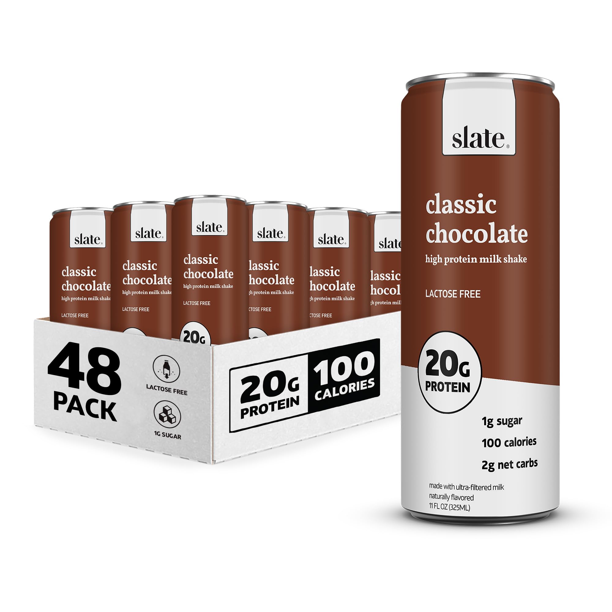 Slate Milk High Protein Chocolate Milk Shake - Lactose Free, 20g Protein, 1g Sugar, 100 Calories, Low Carb, No Added Sugar - Healthy Breakfast Drink, Post Workout Recovery, Gym Protein Shake - 11 fl oz (Pack of 48 Cans) - Perfect for Weight Loss & Active Lifestyle