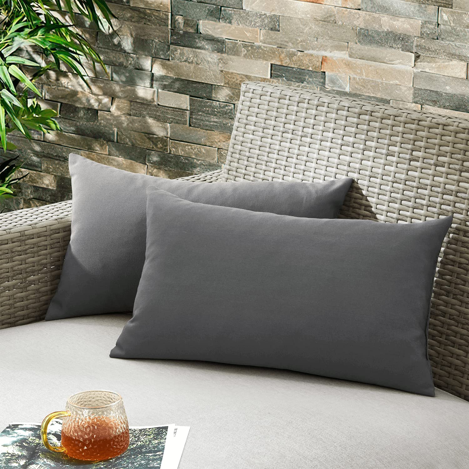 Puredown Waterproof Outdoor Throw Pillows Set of 2 - 12x20 Inch Feather Down Filled Decorative Couch Cushions for Patio, Garden Bench & Indoor Use - Dark Grey Home Decor Accessories