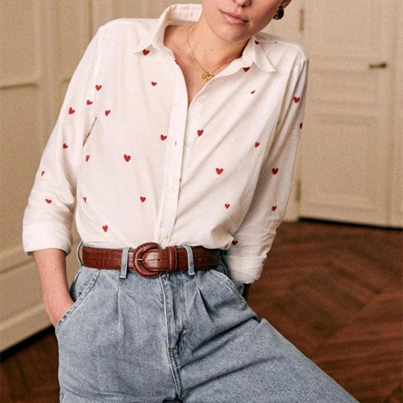 Women's Heart Embroidery Denim Shirt - Turn Down Collar Long Sleeve Blouse for Valentine's Day Gifts | Casual Wear, Date Night Outfit, Romantic Occasion Fashion