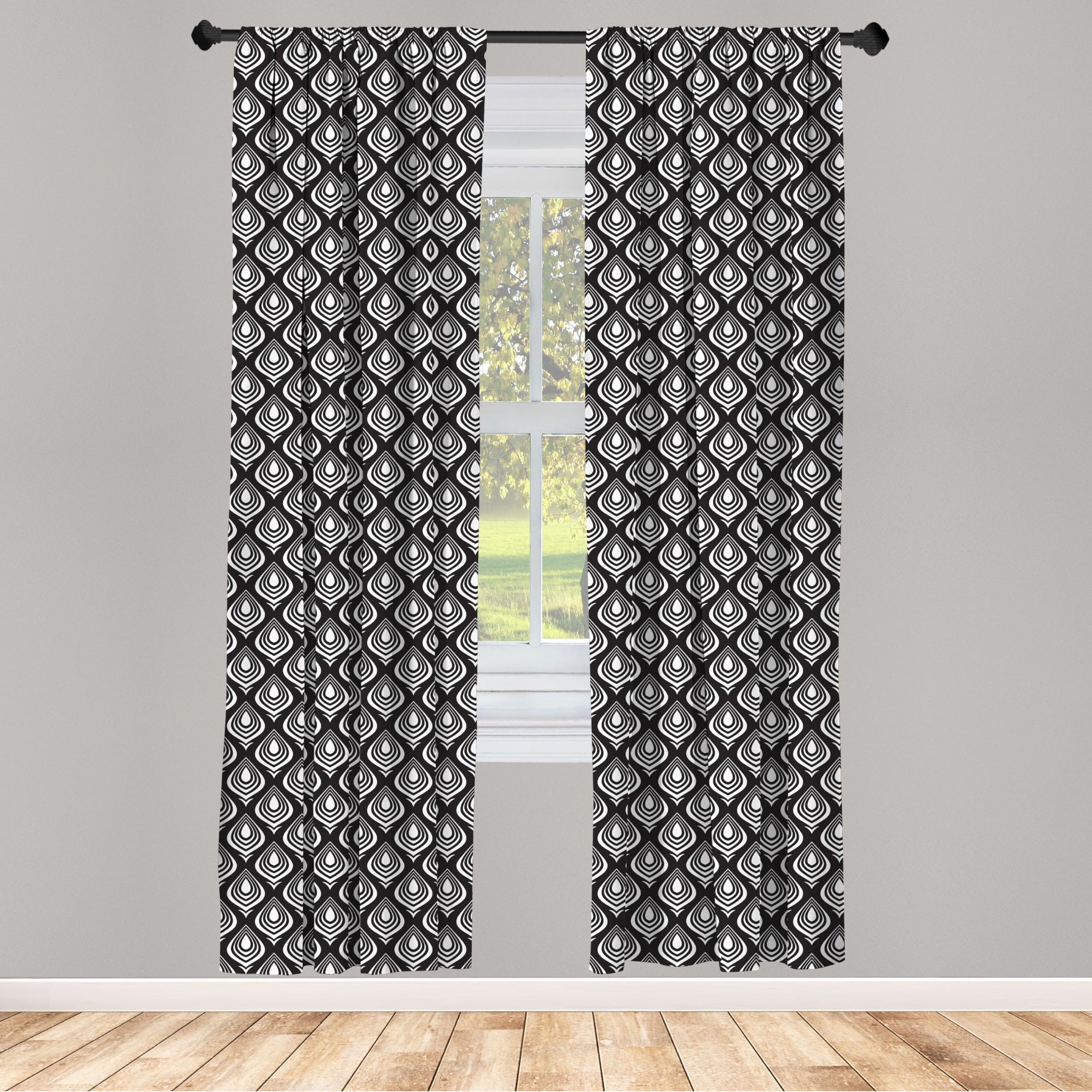 Ambesonne Ethnic Window Curtains - White Abstract Flower Silhouette Cultural Design, Lightweight Black & White Monochrome Decor, 2-Panel Set with Rod Pocket (28