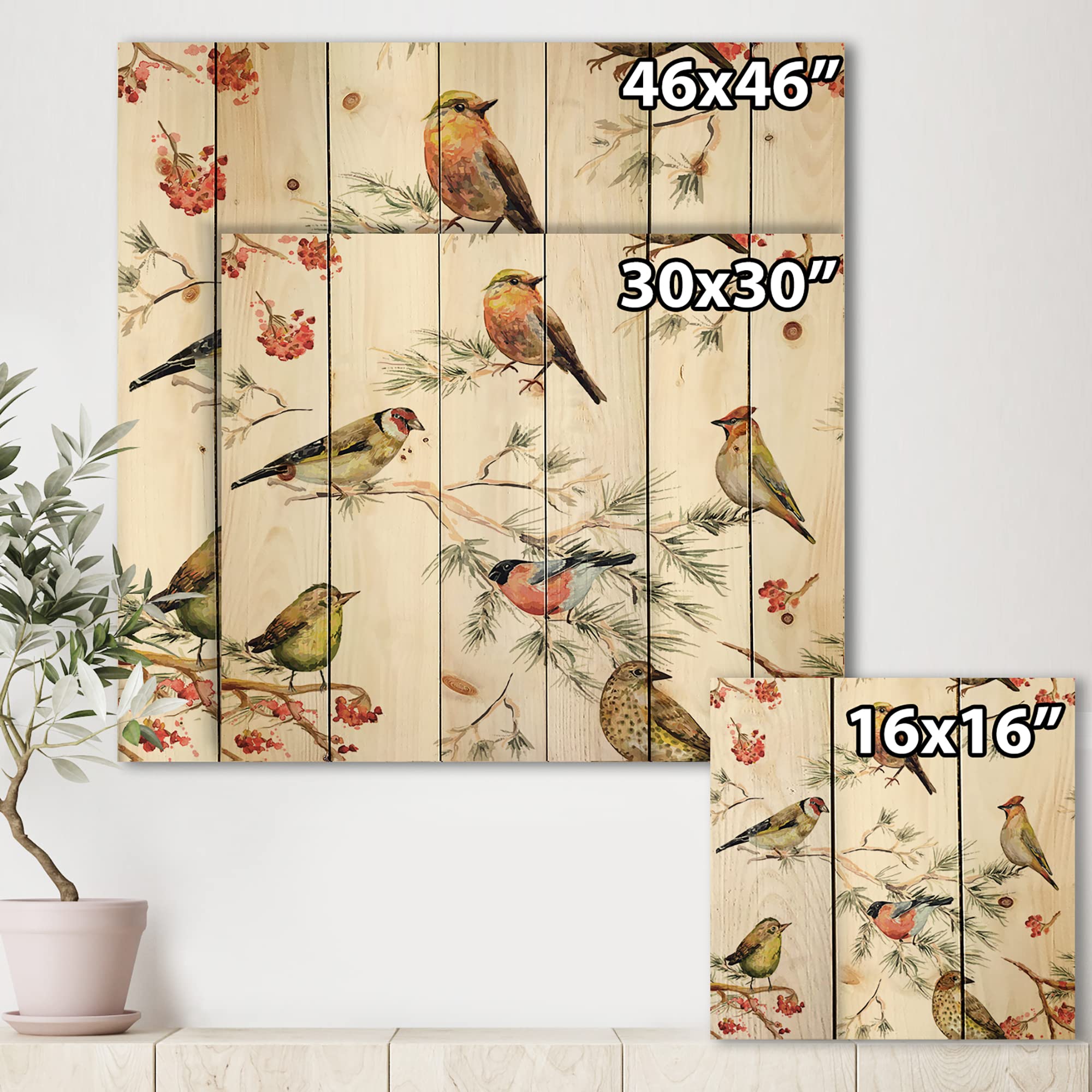DesignQ Forest Birds on Branches Wood Wall Art - Traditional White Wooden Wall Decor with Large Animal Prints on Natural Pine Panels - Perfect for Living Room, Bedroom & Office Decoration