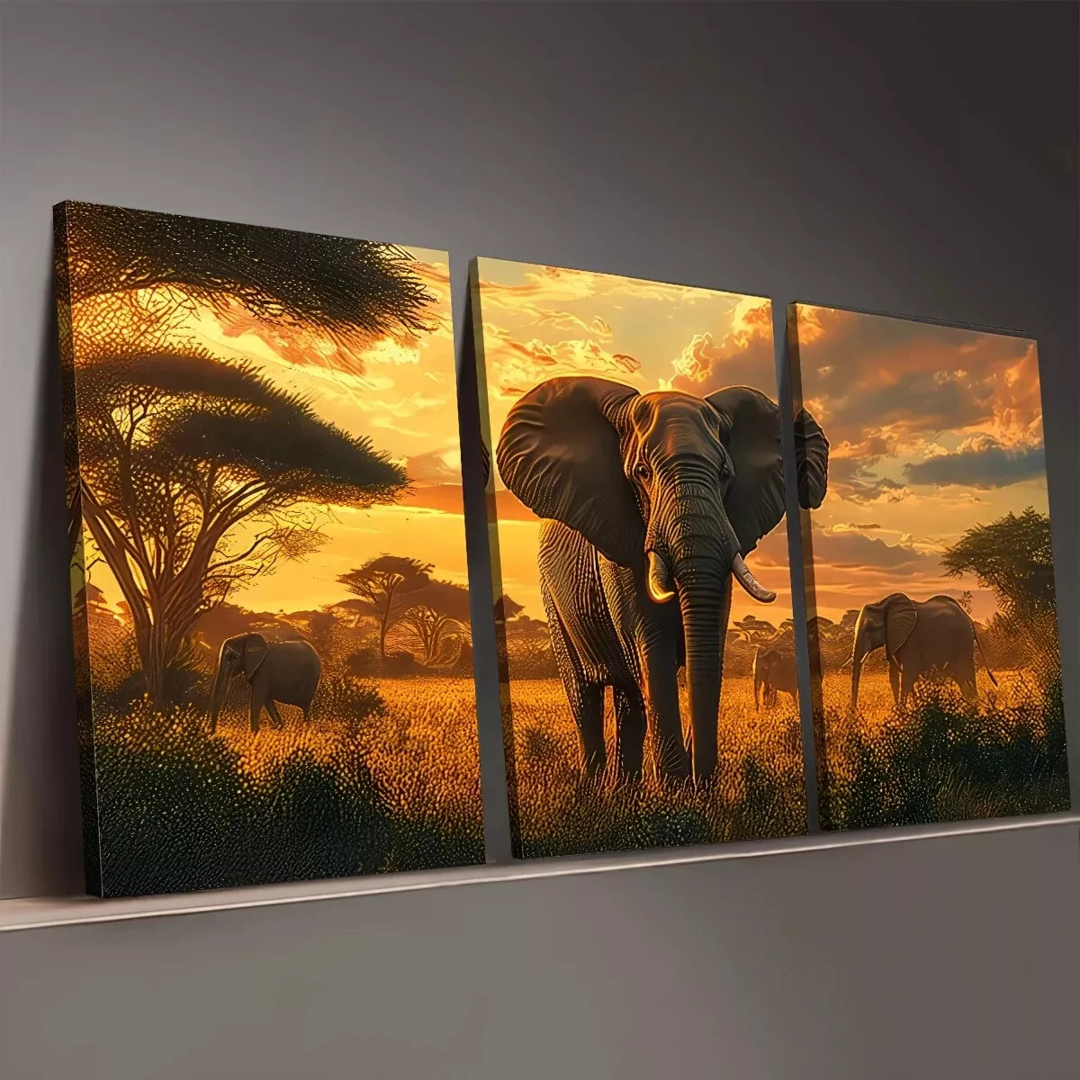 3-Piece Elephant Wall Art Set - Grassland Sunset Scenery Canvas Prints 50x70cm (20x28in) | High Quality Framed Wall Decor | Australian Made | Ready to Hang | Perfect for Living Room, Bedroom & Office Decor