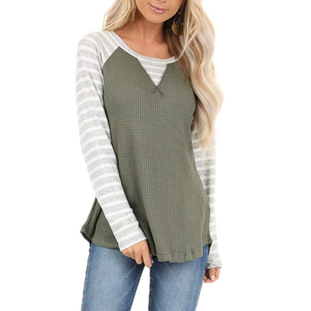Haoricu Women's Casual Blouse - Round Neck Long Sleeve Loose Waffle Striped T-Shirt Top | Comfortable & Stylish Sweatshirt for Everyday Wear, Office & Outings