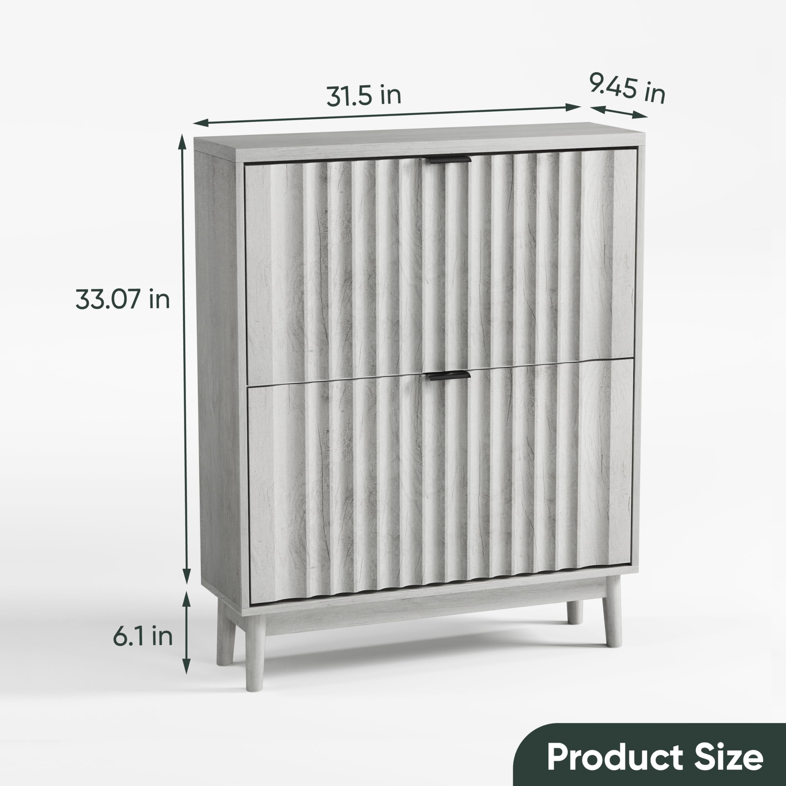 Modern Fluted Shoe Cabinet with 2 Flip Wave Panel Drawers - Solid Wood Legs Hidden Shoe Organizer - Entryway Storage Cabinet for Hallway - Light Wood Grey Finish - Perfect for Small Spaces & Apartment Living