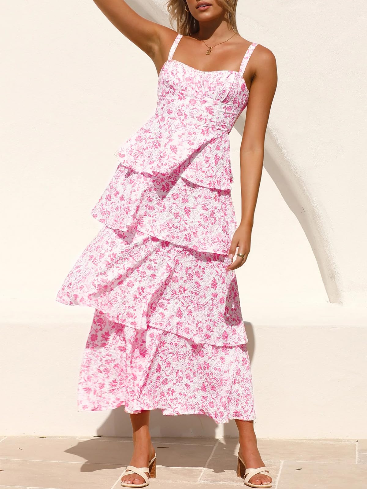 Fisoew Women's Floral Maxi Dress - Spaghetti Strap, Sleeveless, Ruffle & Tiered Summer Dress for Beach, Vacation & Casual Wear