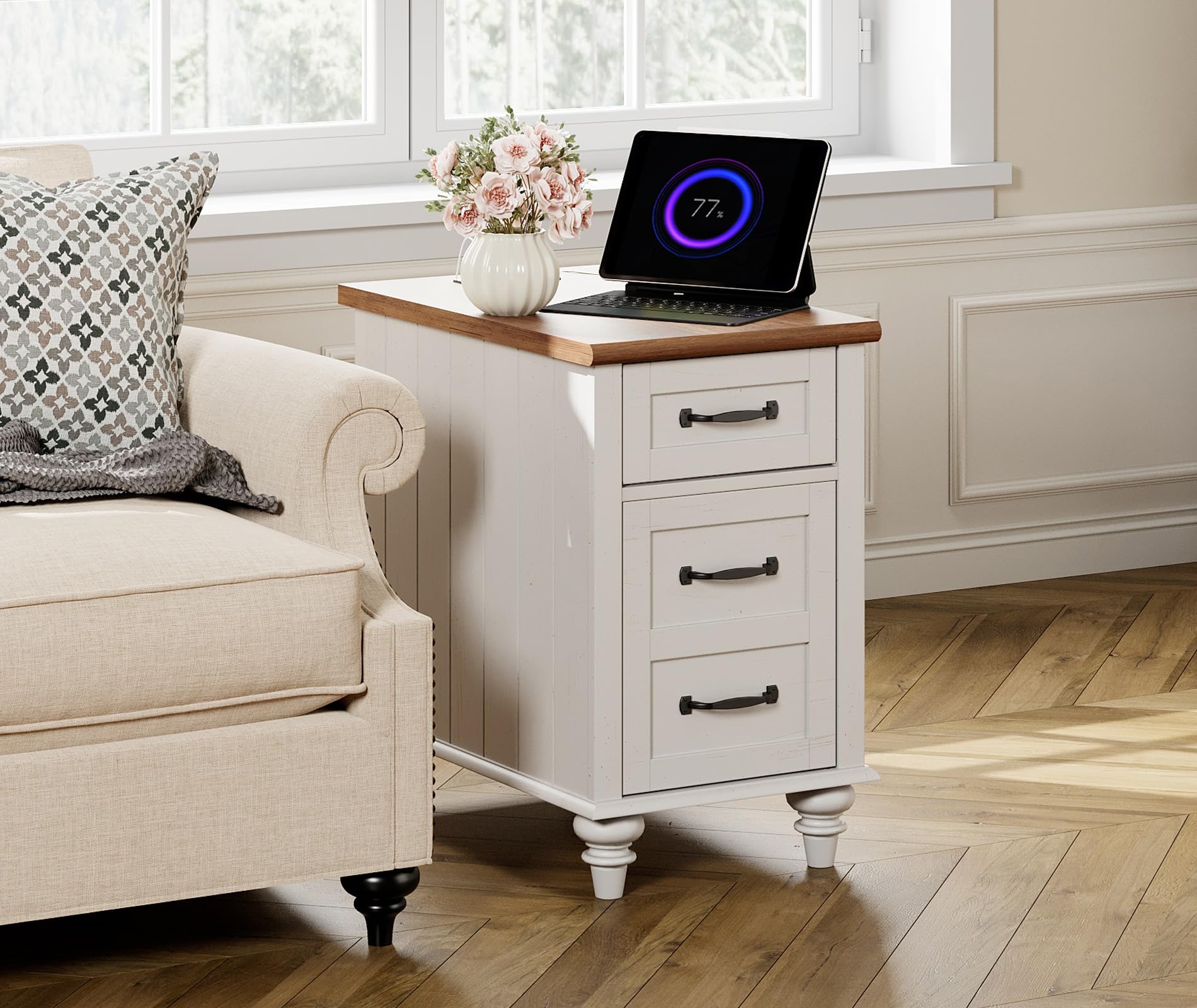 WAMPAT 3-Piece Farmhouse Living Room Table Set - Lift Top Coffee Table with Drawer & 2 End Tables with Charging Station, Off White - Perfect for Small Spaces, Living Room Decor & Nightstand Use