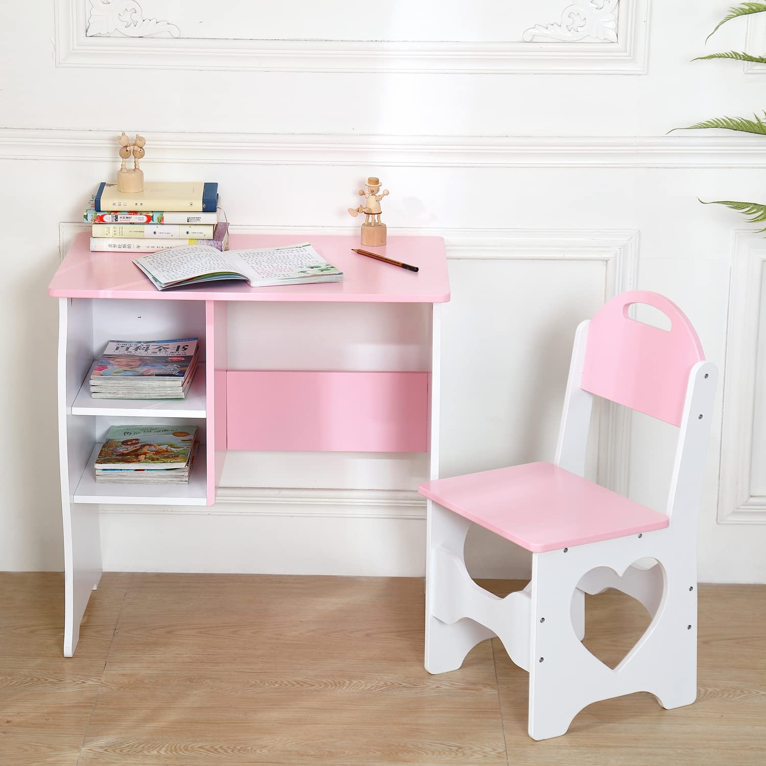 Kids Study Desk and Chair Set with Storage Shelf - Wooden School Table for Homeschooling, Writing & Learning - Perfect for Bedroom, Playroom & Home Classroom (Pink & White)