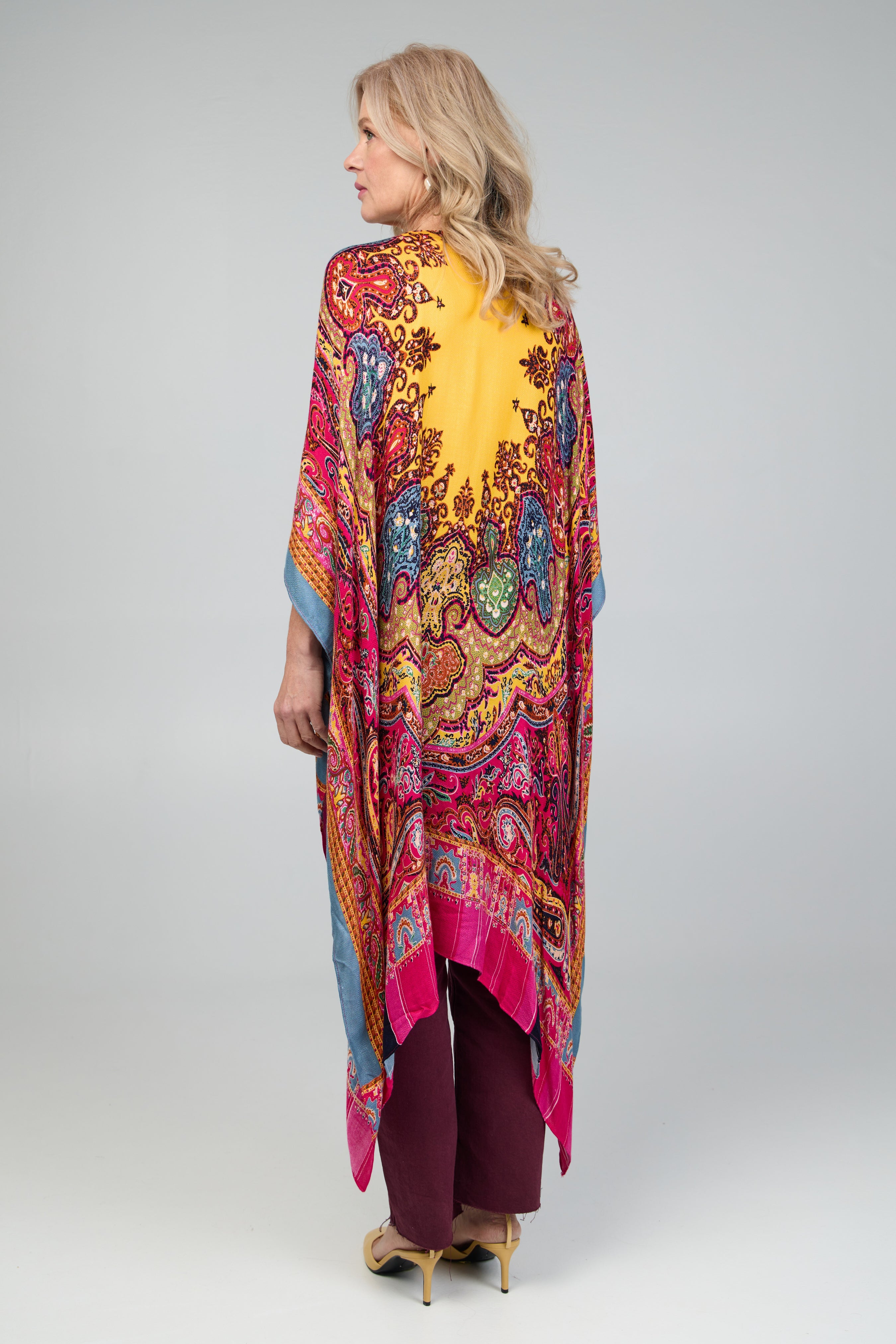 Bohemian Paisley Print High Low Kimono - Flowy Long Sleeve Open Front Cover Up for Women - Perfect for Beach, Festival & Lounge Wear