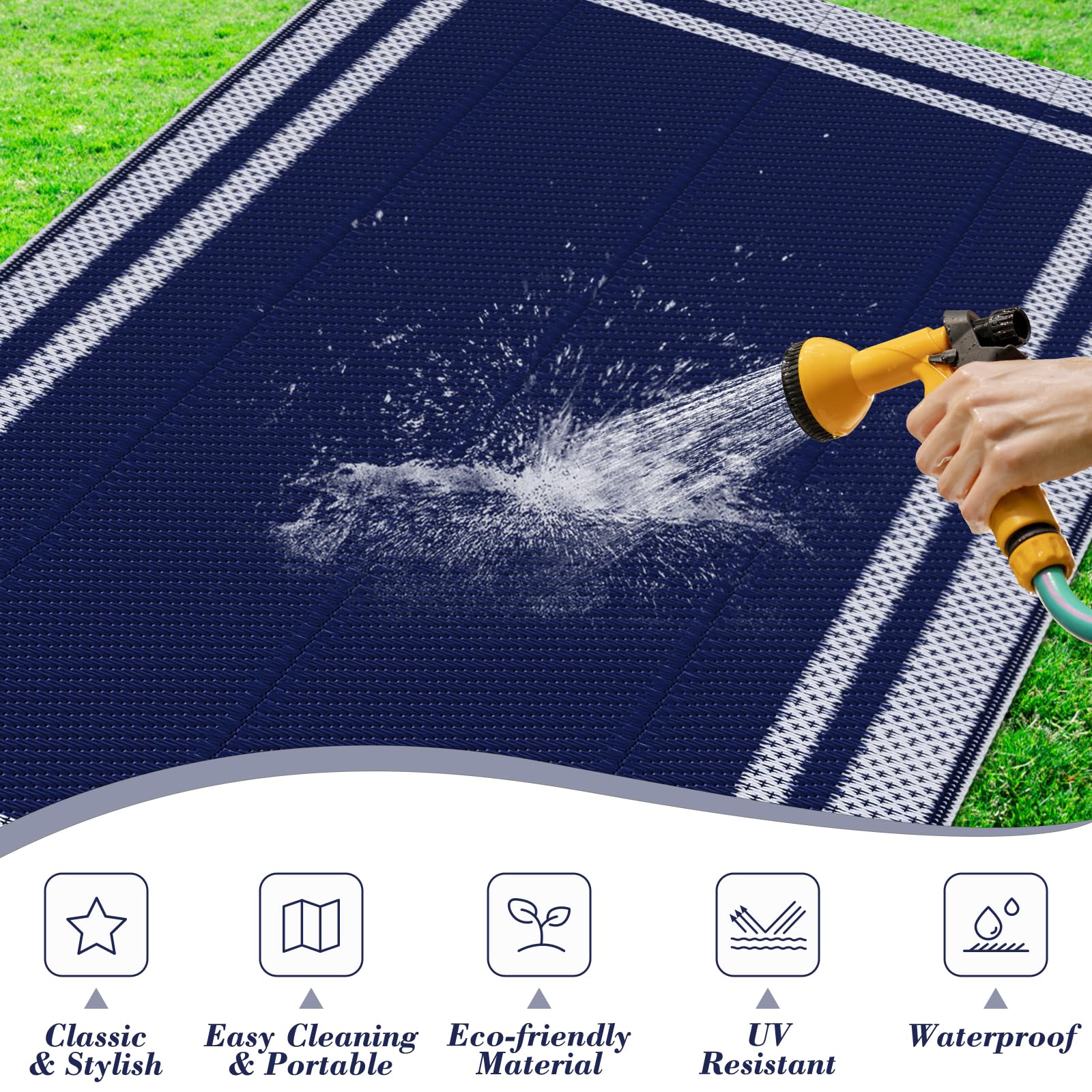 KMAT 5x8ft Waterproof Reversible Outdoor Rug - Foldable Plastic Patio Mat for Camping, RV, Picnic, Balcony & Porch - Durable All-Weather Blue & White Design (Perfect for Backyard, Deck, Beach & Outdoor Gatherings)