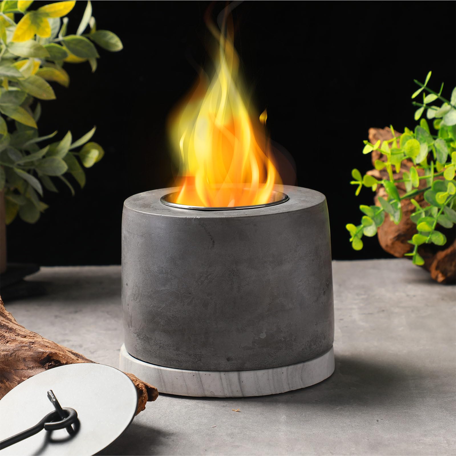 3 Pack Concrete Tabletop Fire Pit Bowl - Indoor/Outdoor Ethanol Fireplace for Patio, Balcony, Deck with Extinguisher Cover & Felt Cushion - Perfect for Smores Making, Ambiance, and Outdoor Gatherings