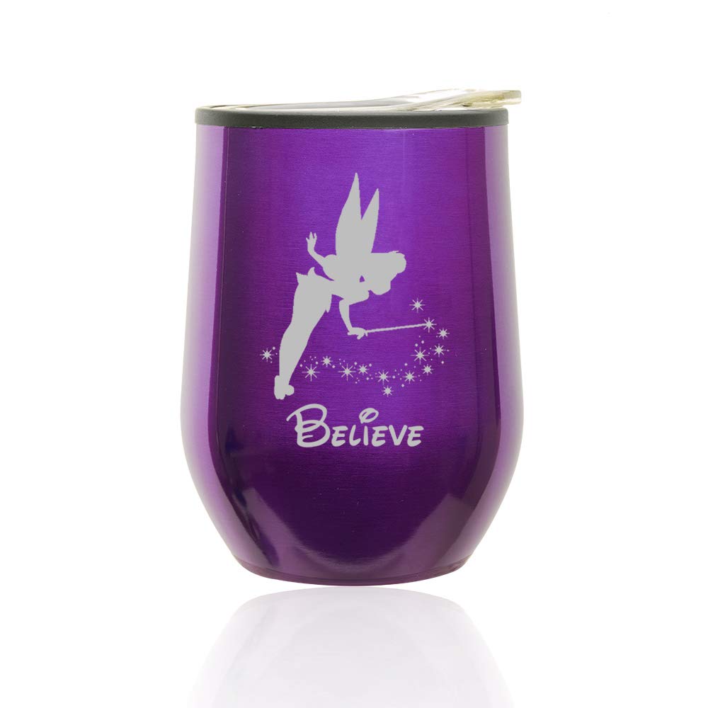 Stemless Wine Tumbler with Lid - 16oz Insulated Coffee Travel Mug Glass for Hot & Cold Drinks - Fairy Believe Design (Royal Purple) - Perfect for Home, Office, Picnics & Outdoor Adventures