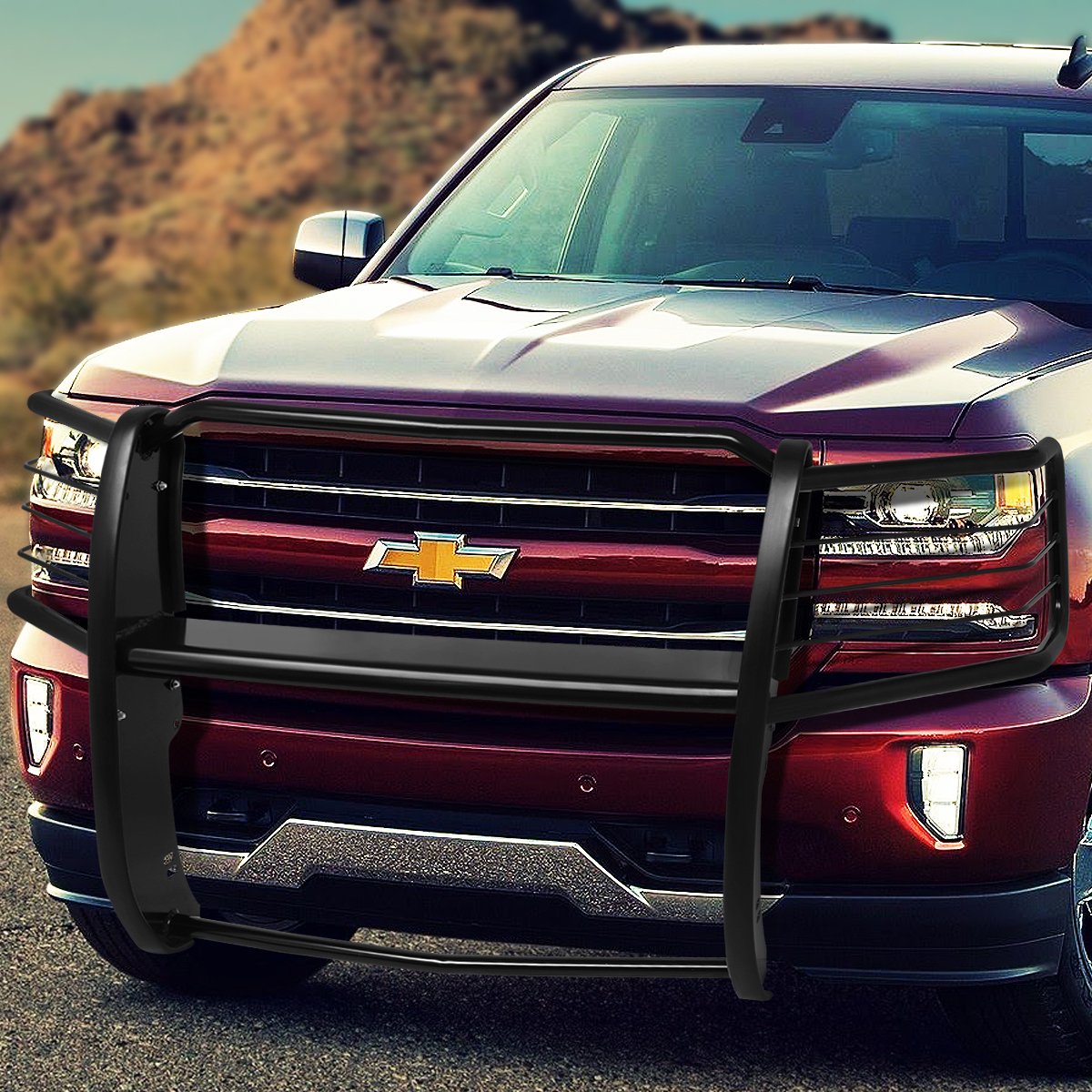 DNA Motoring GRILL-G-073-BK Black Front Headlight & Grille Brush Guard Compatible with 2014-2018 Chevy Silverado 1500 | Off-Road Protection & Truck Accessories for Enhanced Vehicle Safety