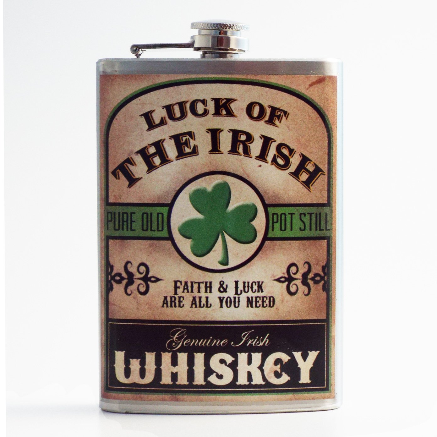 Luck of the Irish 8 Oz Stainless Steel Hip Flask for Whiskey, Vodka & Liquor - Leakproof & Odorless Design - Comes in Elegant Gift Box - Easy to Clean & Carry (3.75” X 5.75”) by Trixie & Milo - Perfect for Parties, Weddings, Camping & Gifts